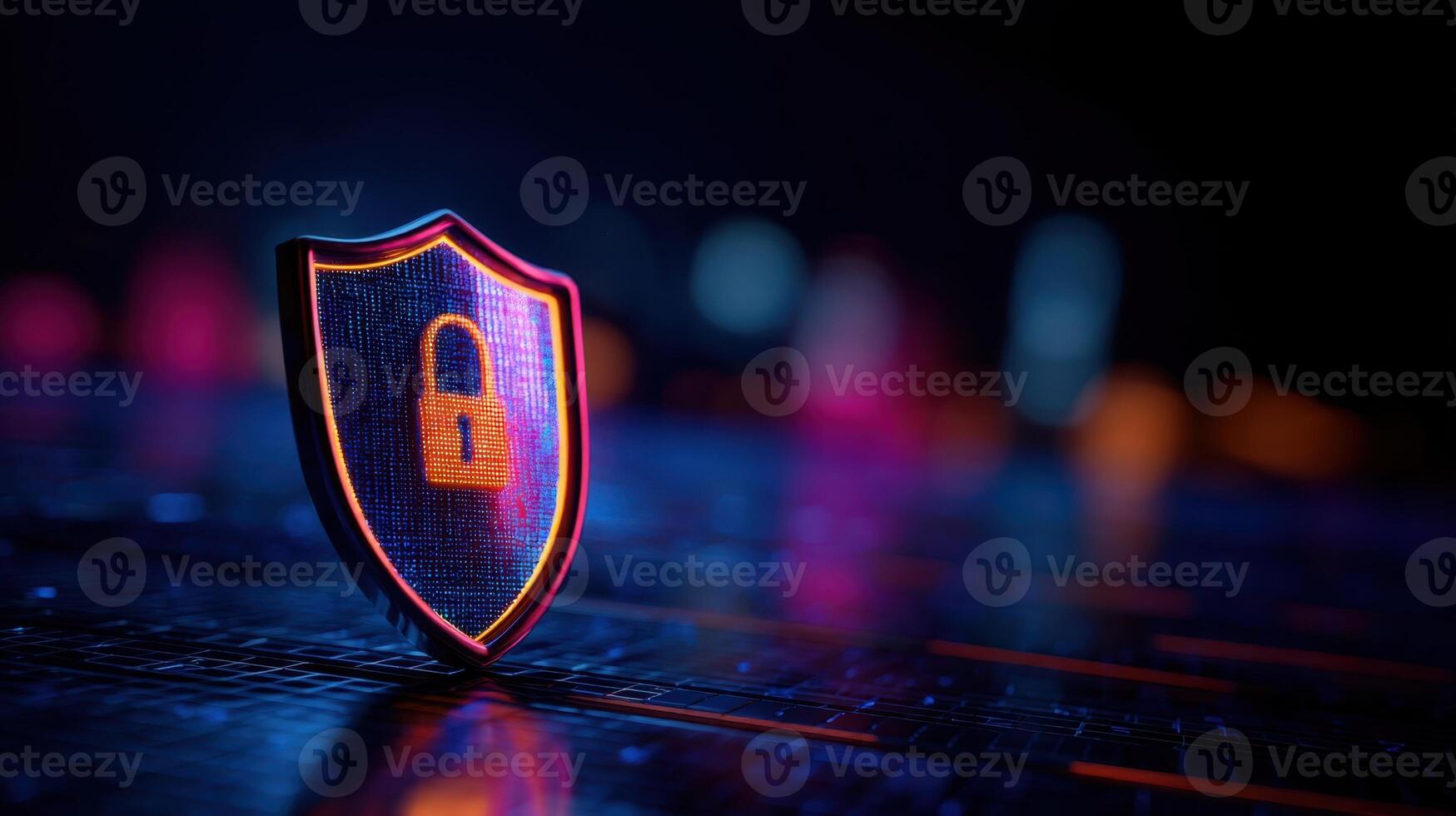The glowing shield emblem representing cybersecurity and digital protection concepts. photo