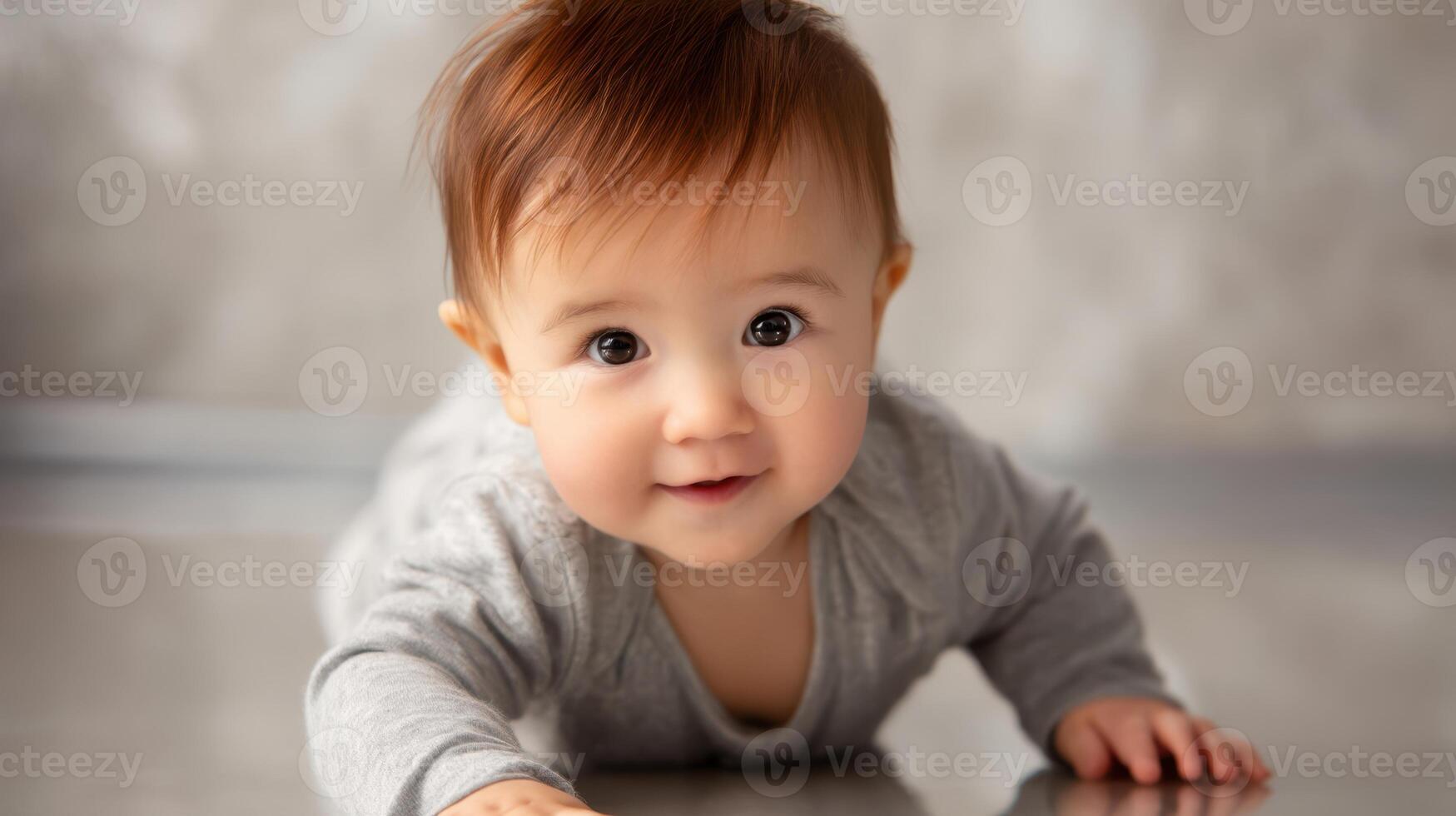 The adorable baby crawling with a joyful expression on a soft surface. photo
