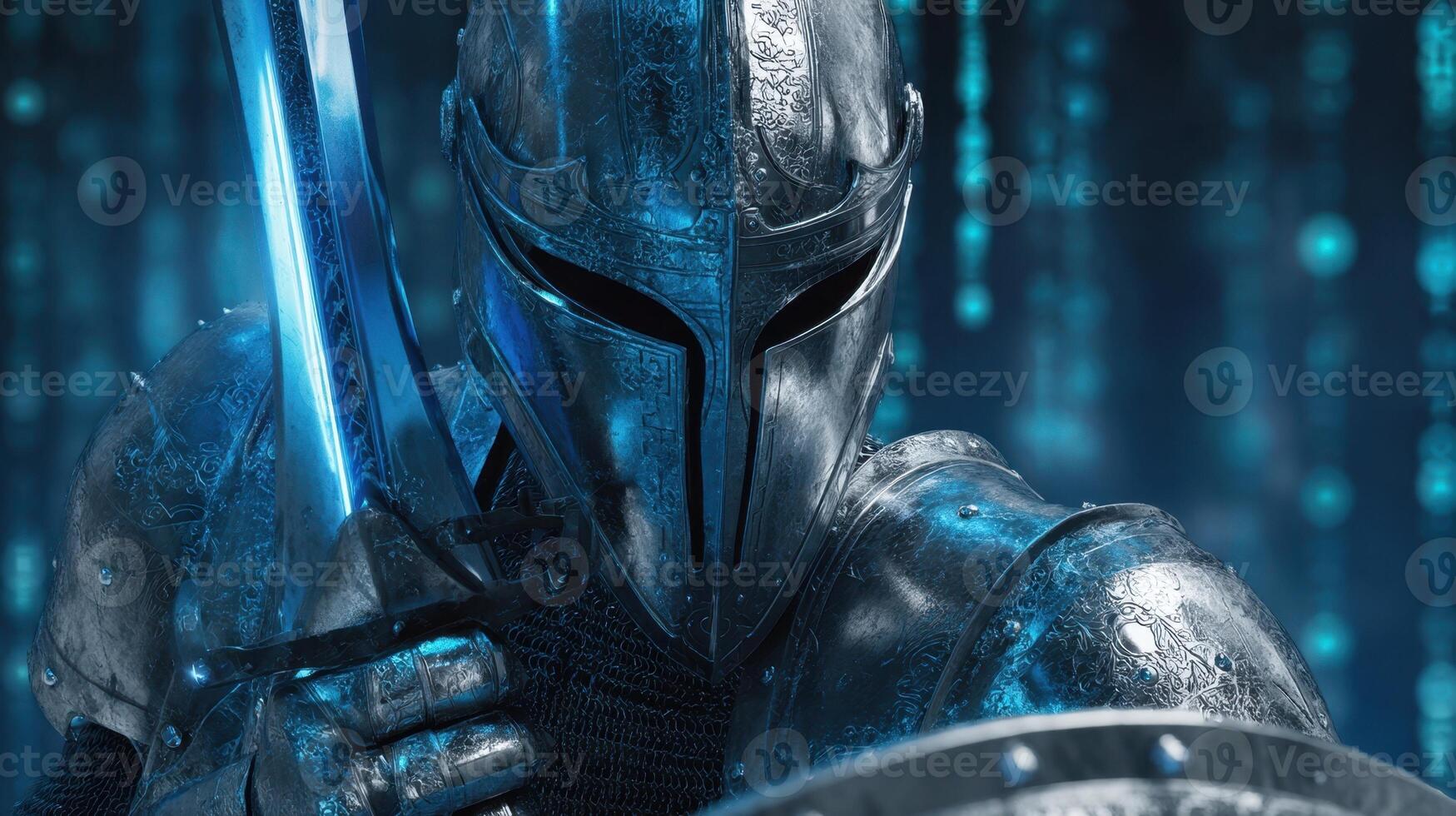The armored knight brandishing a glowing sword amidst a digital backdrop. photo