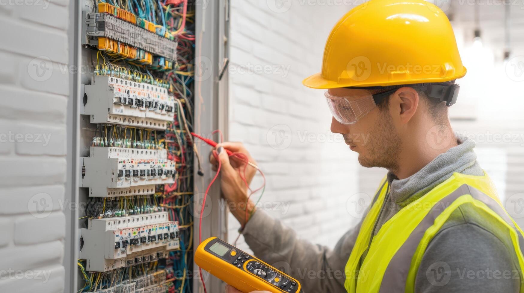 The electrician measuring voltage with a multimeter in a control panel. photo