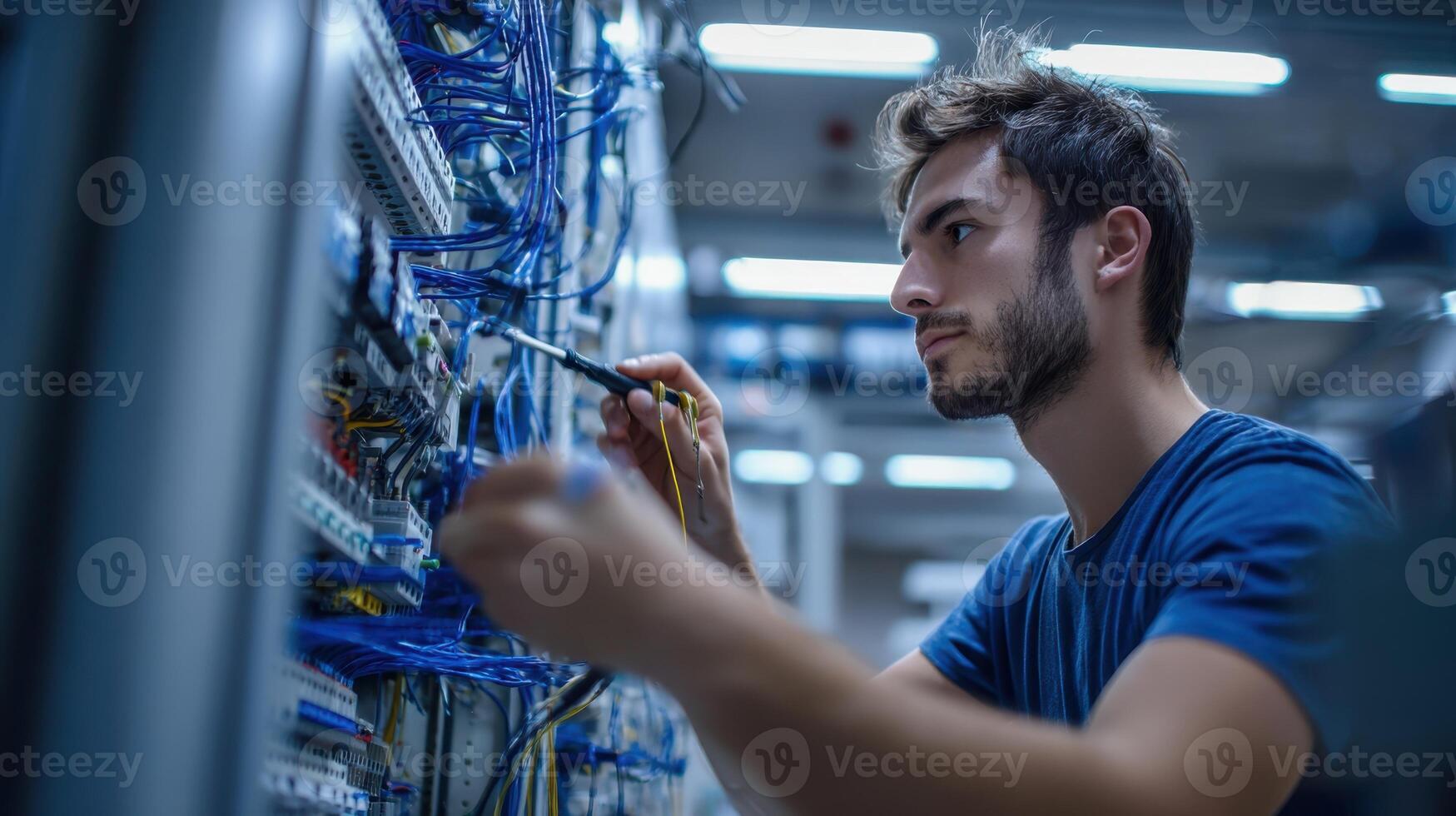 The technician working diligently on a complex network cable system. photo
