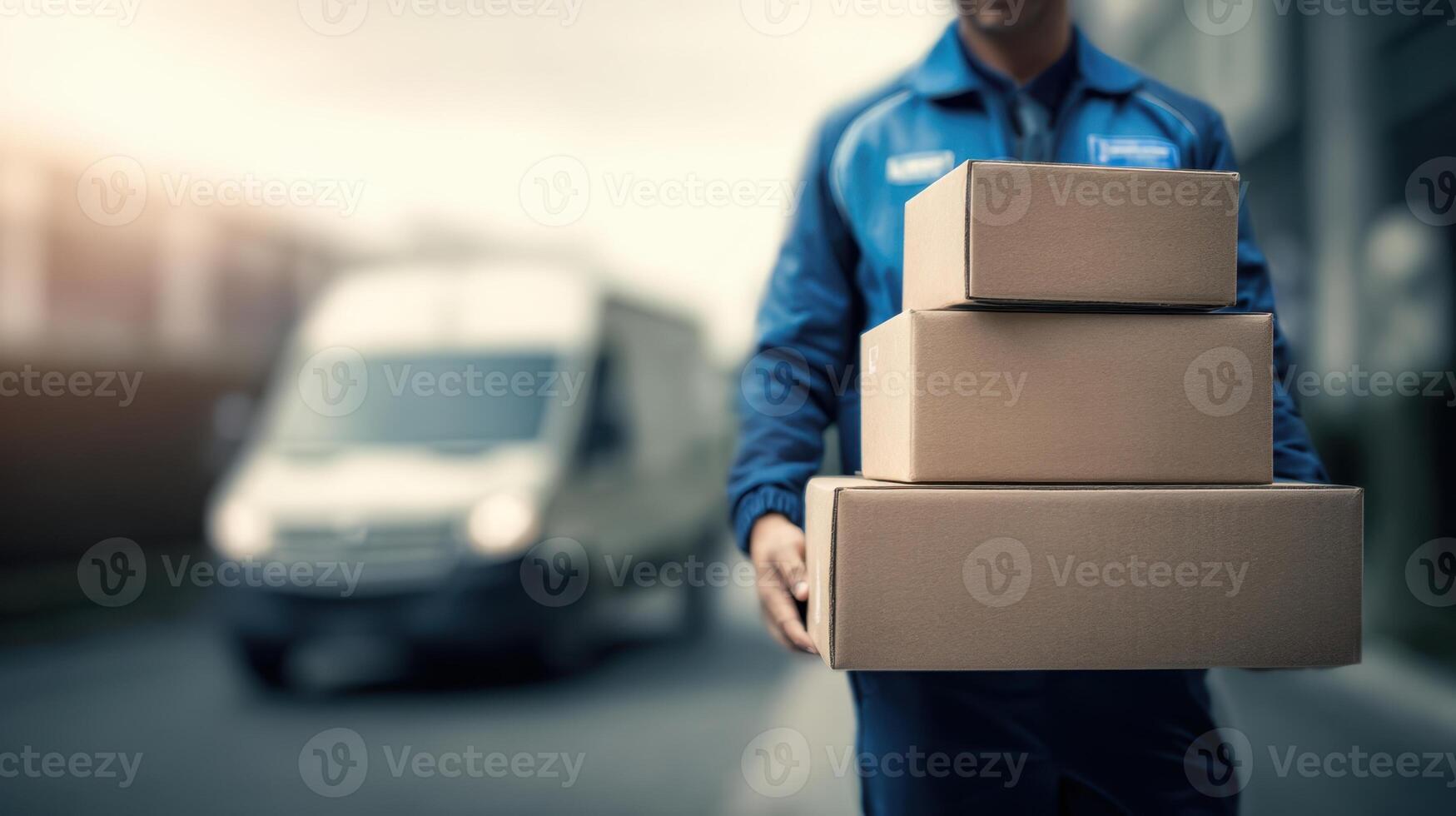 The delivery person carrying stacked packages near a delivery van on the street. photo