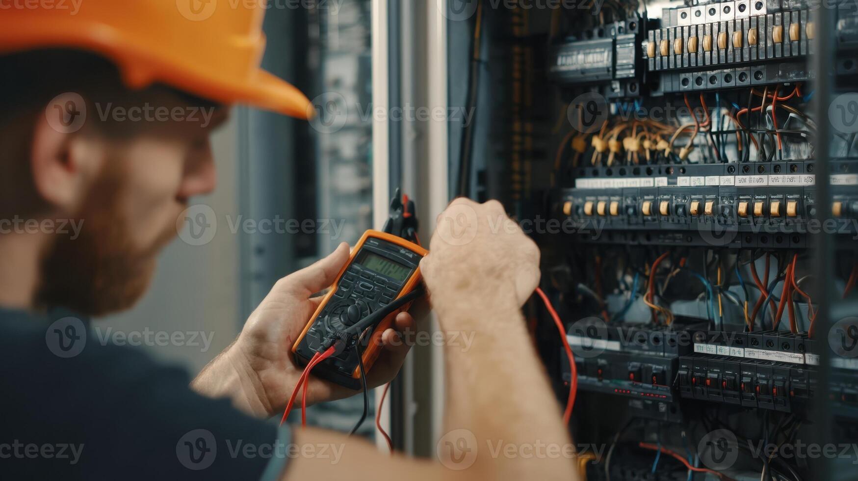 The electrician using a multimeter for electrical testing and panel maintenance. photo