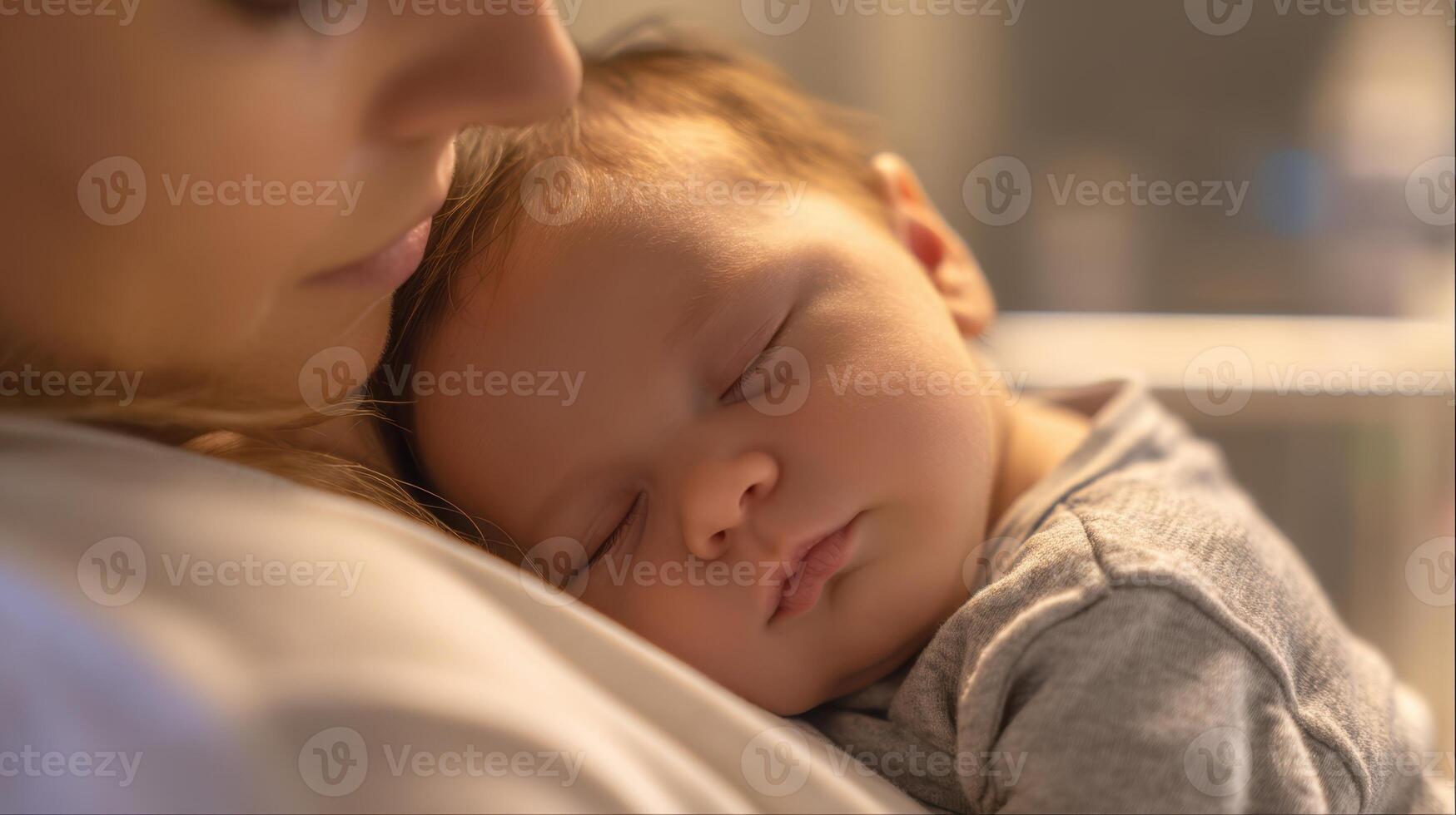 The serene moment of a sleeping baby in a mother's embrace. photo