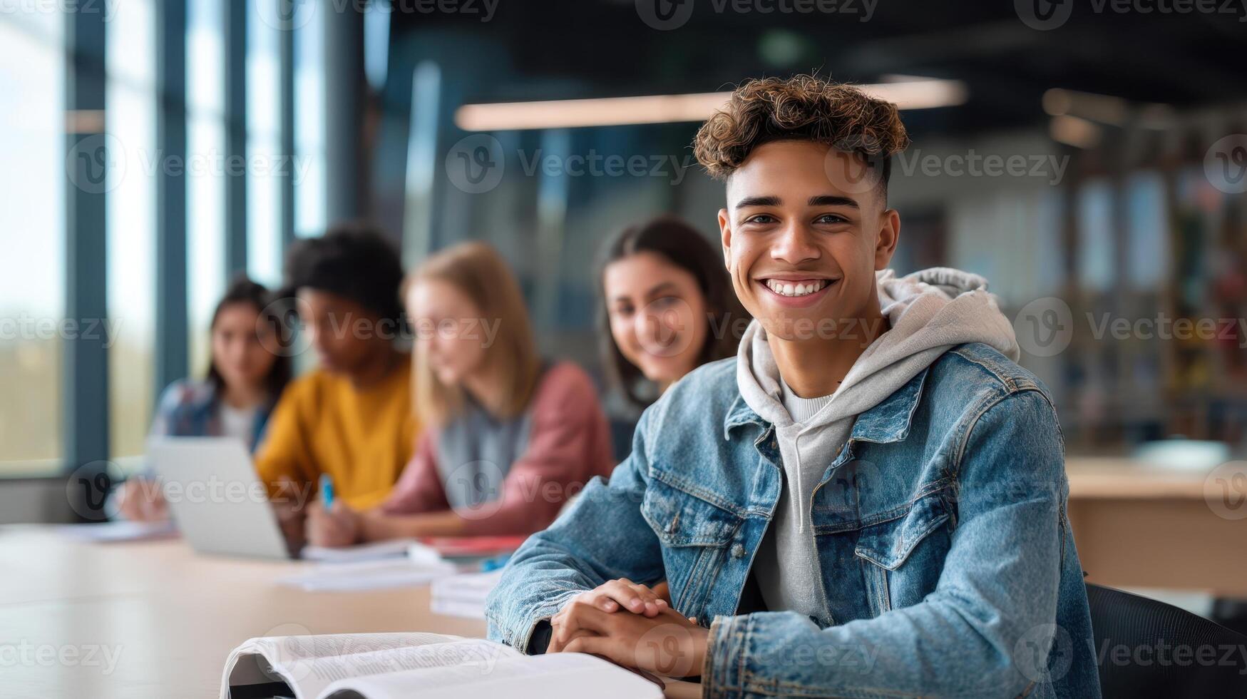 The smiling student enjoying a collaborative learning environment with peers in a modern classroom. photo