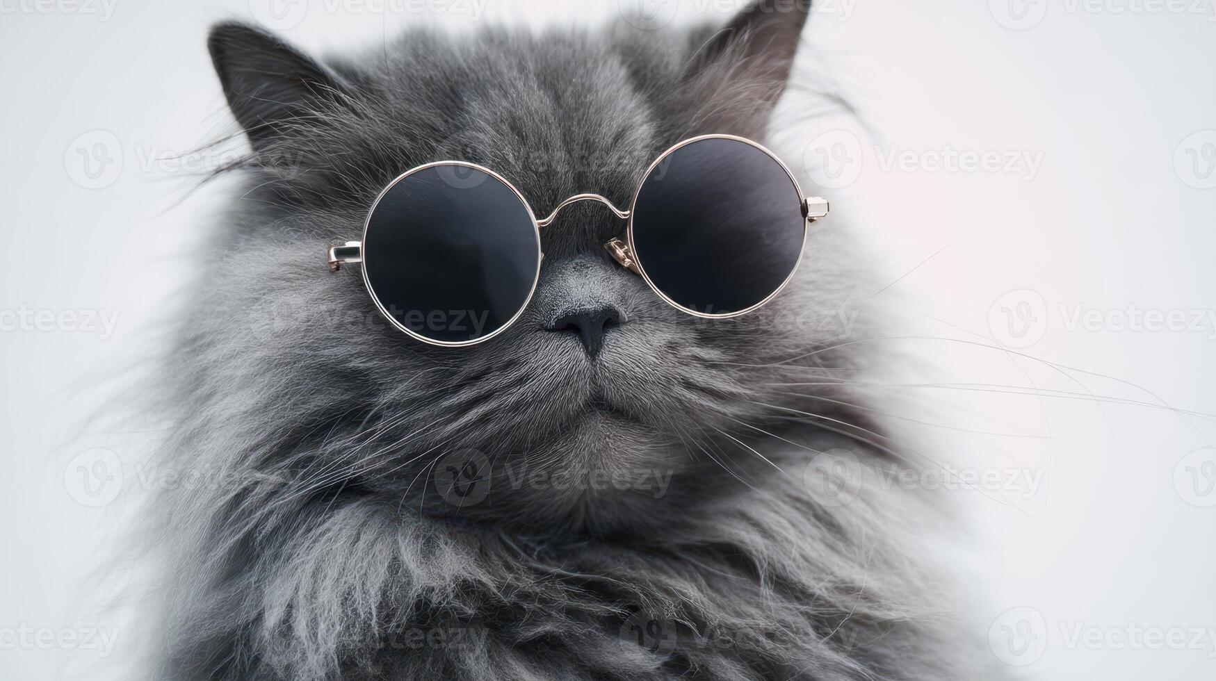 The stylish gray cat wearing sunglasses with an adorable expression. photo