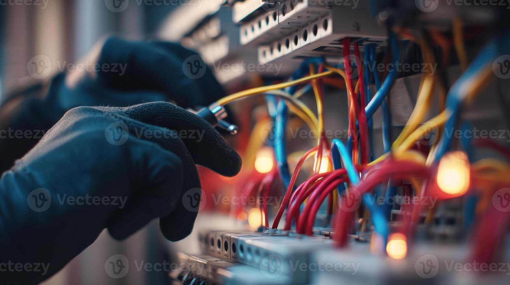 The electrician working with colorful wires in a control panel system. photo