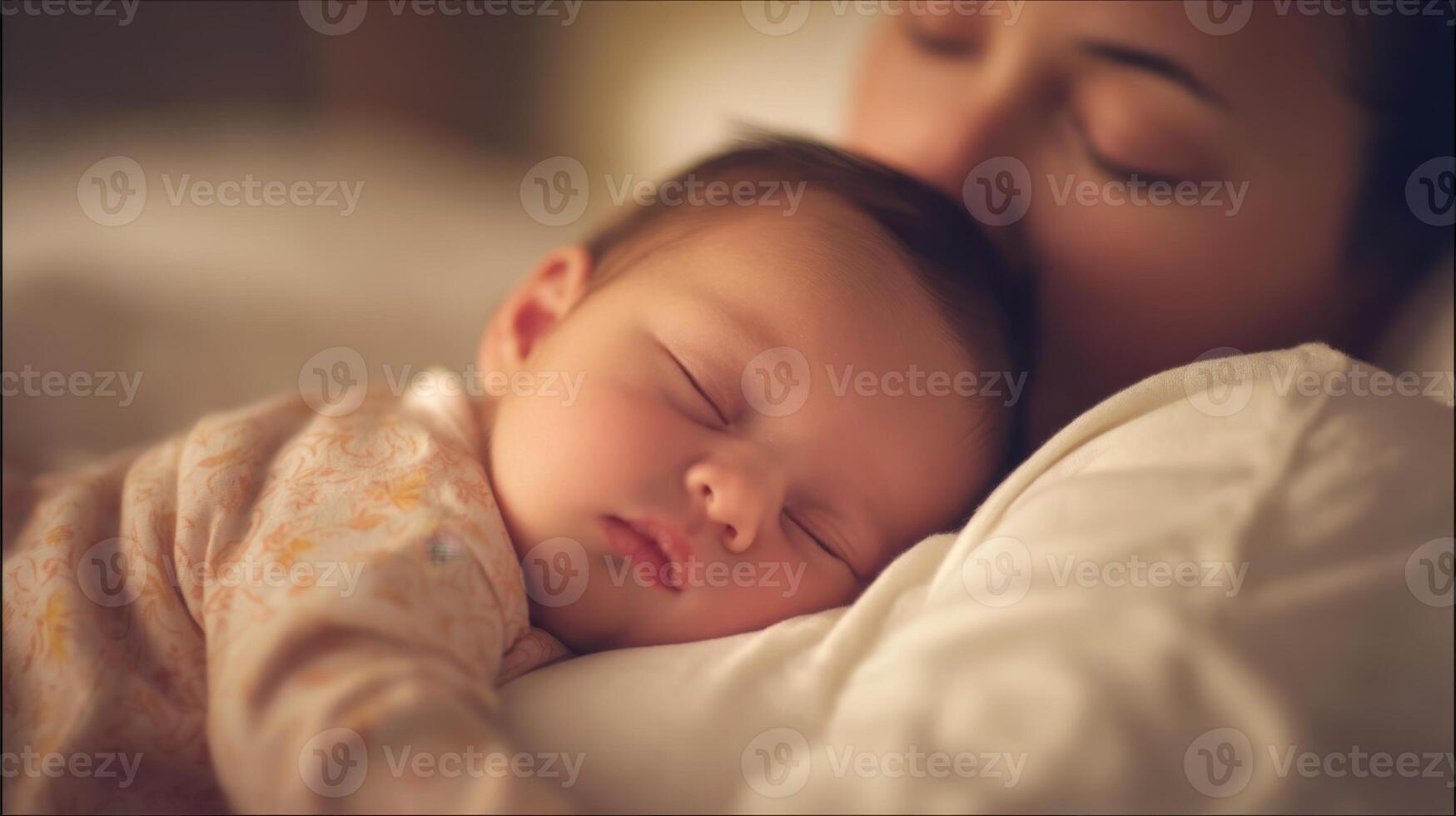 The serene moment of a mother and her sleeping baby in tender embrace. photo