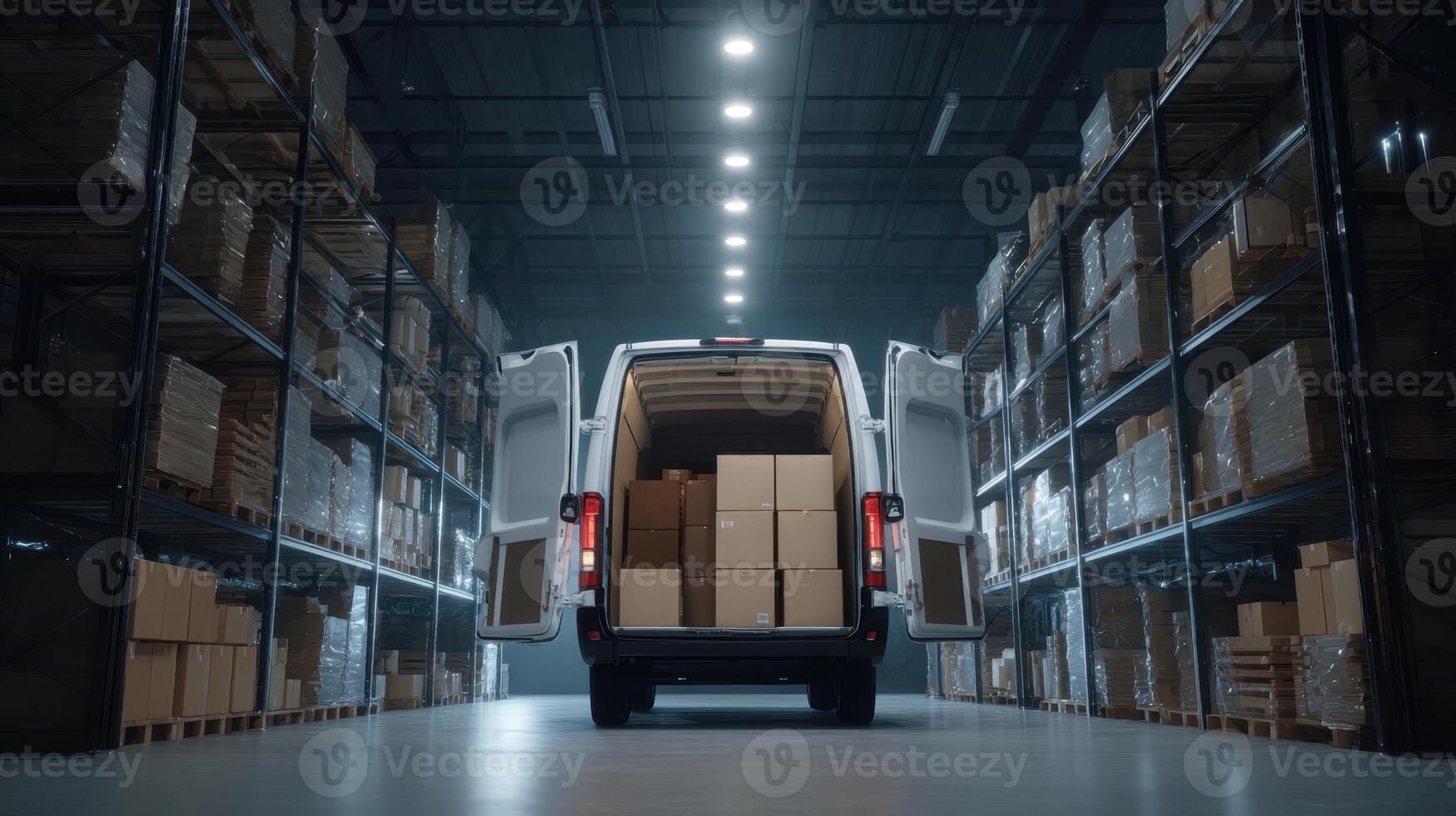 The delivery van parked inside a warehouse filled with stacked packages. photo