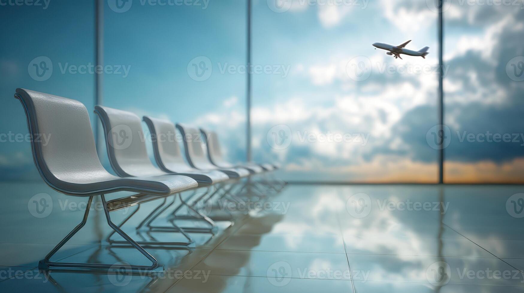 The tranquil airport terminal with sleek seating and a plane taking off. photo