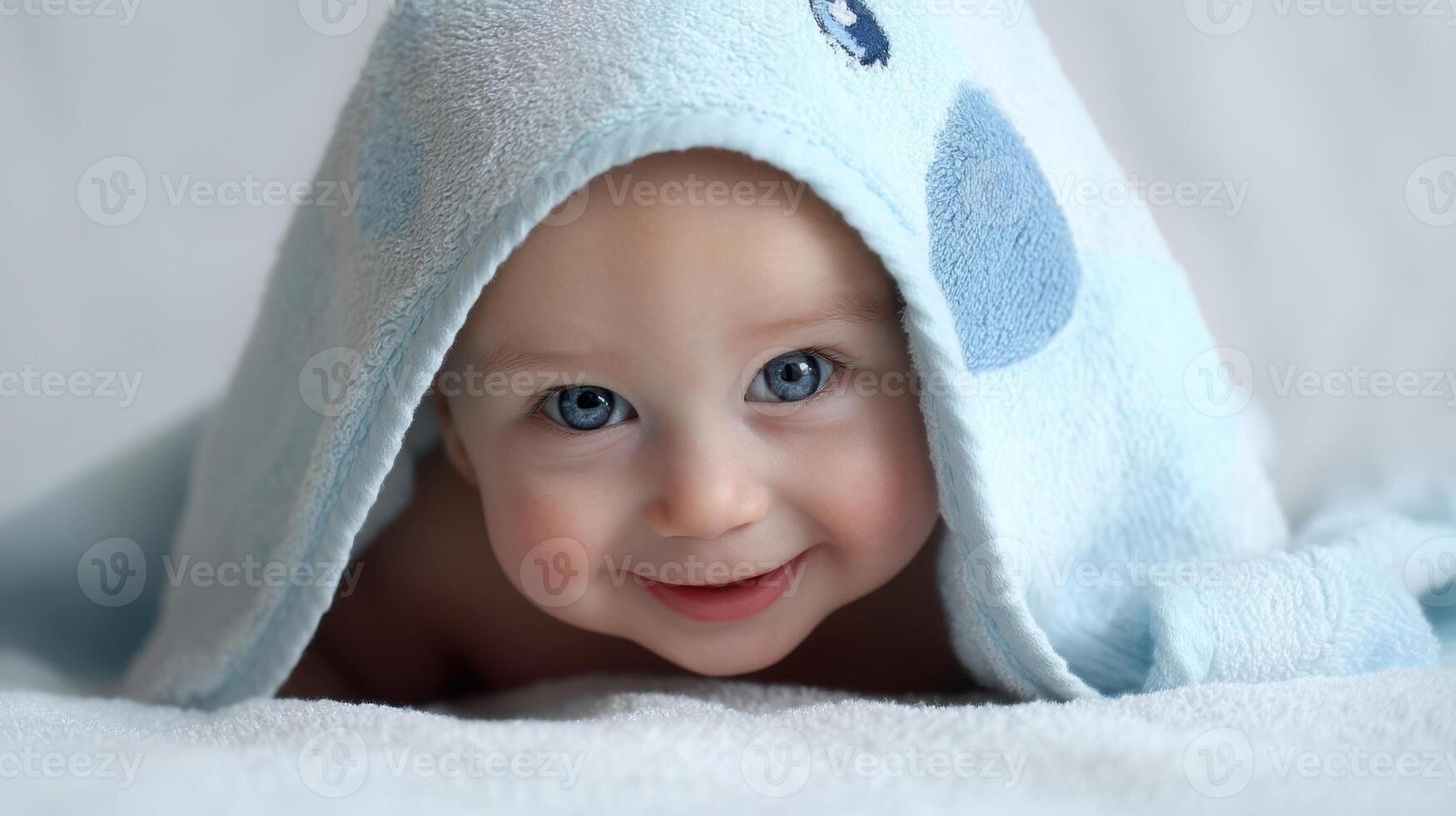 The joyful baby peeking from under a soft blue towel. photo