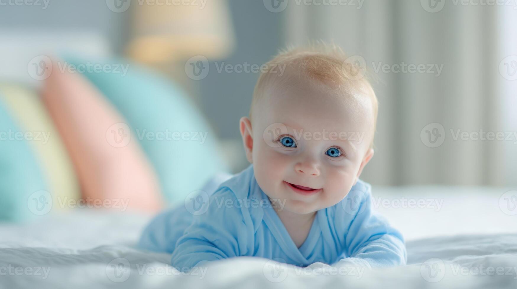 The adorable baby with captivating blue eyes smiling on a cozy bed photo