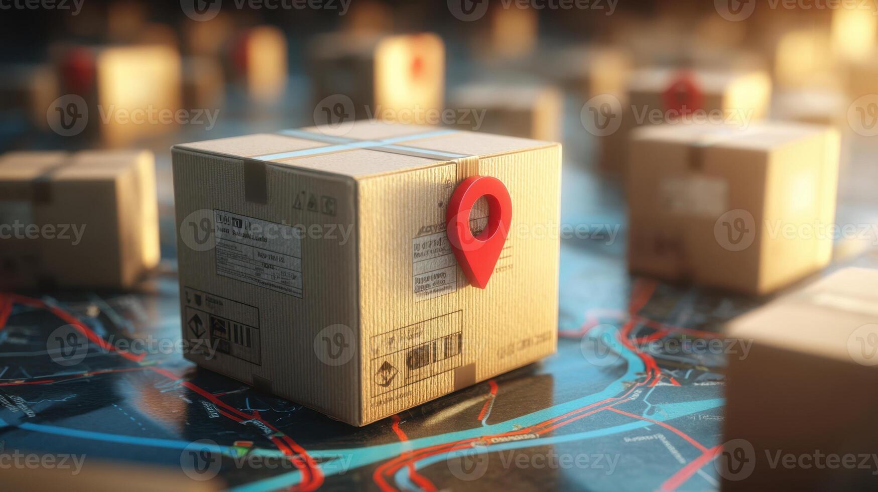 The logistics box with location pin on a digital map in a modern city. photo