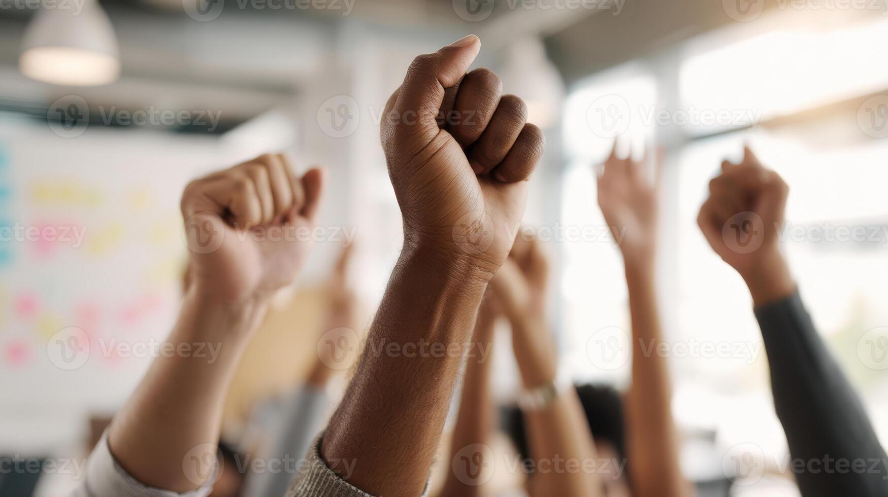 The raised hands symbolize unity and empowerment in a collaborative workspace. photo