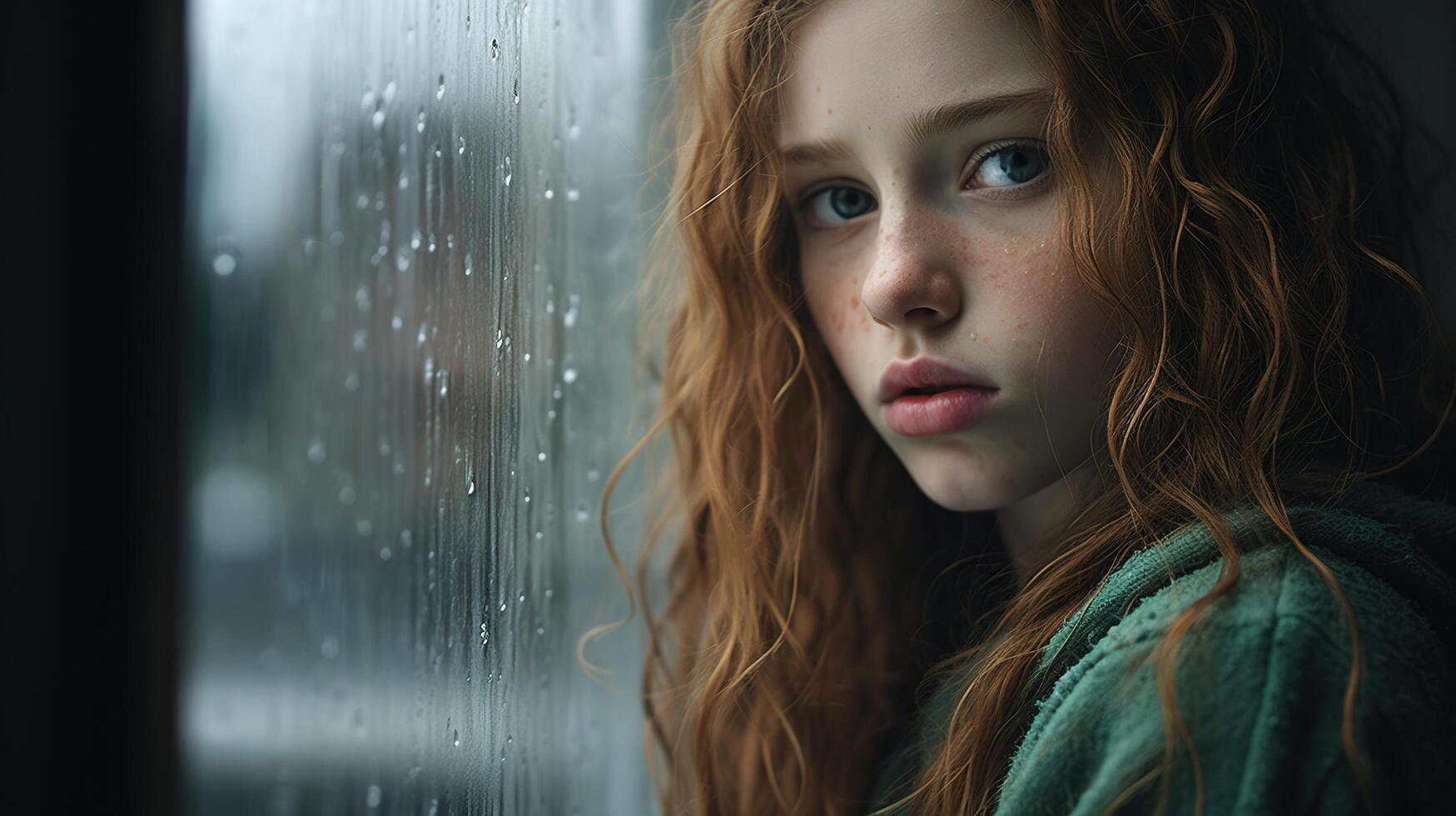 A young girl with red hair looking out the window photo