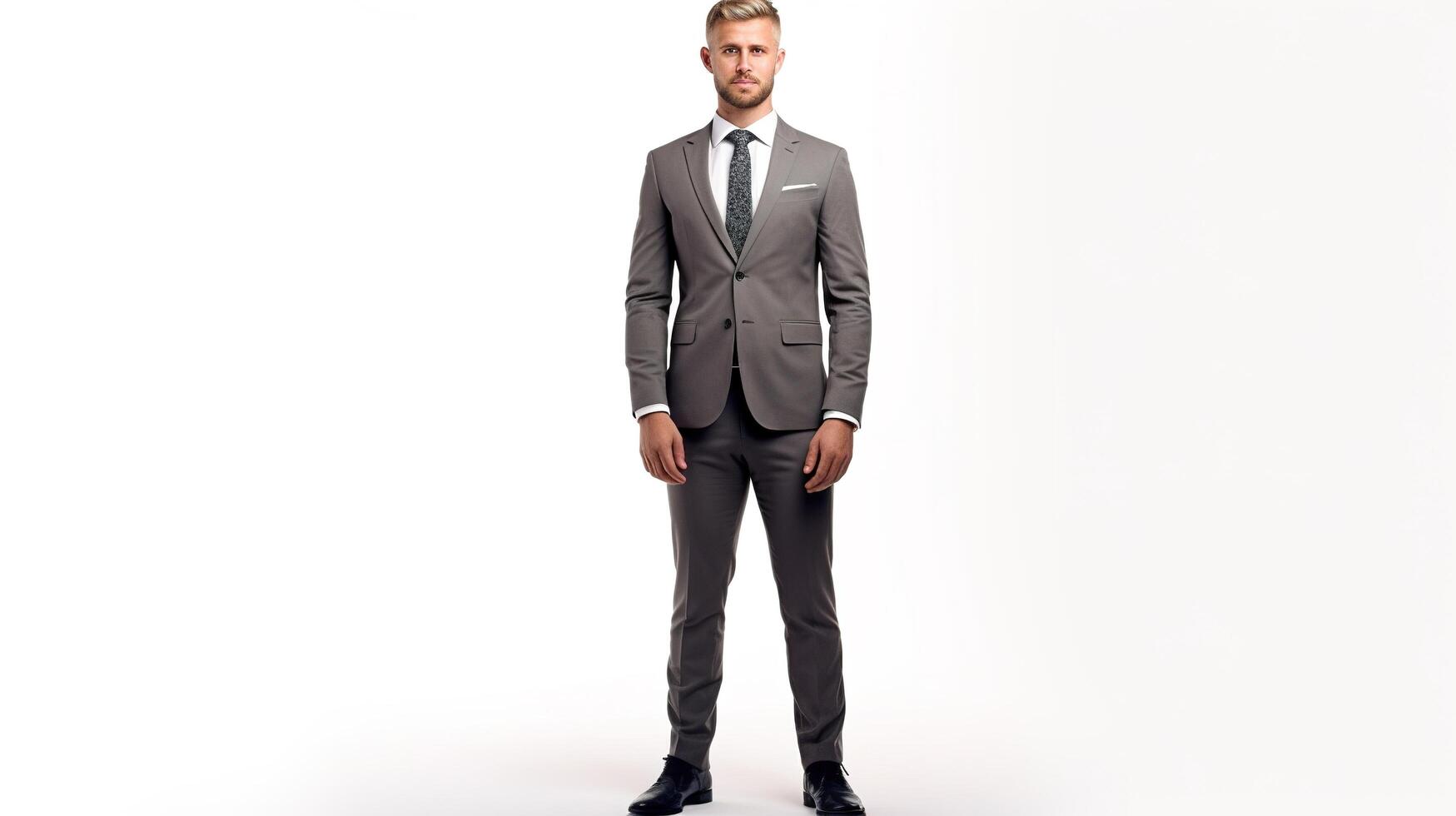 A man in a suit standing in front of a white background photo