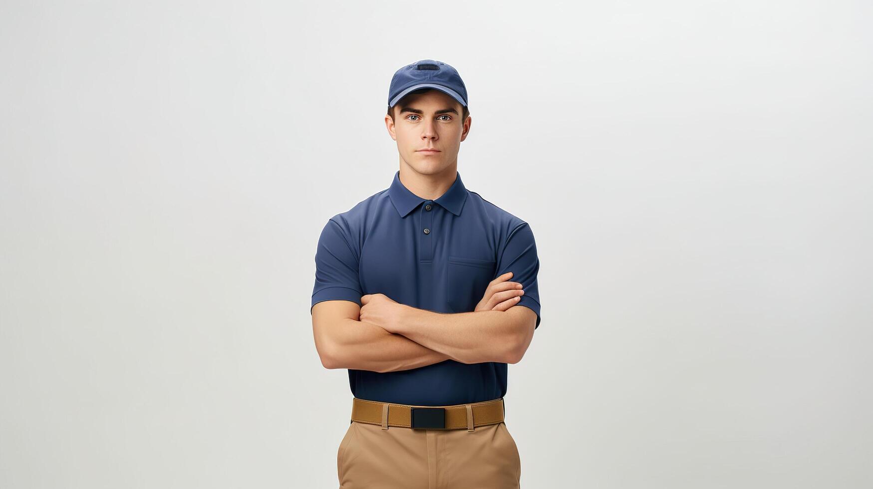 A man in a blue shirt and khaki pants photo