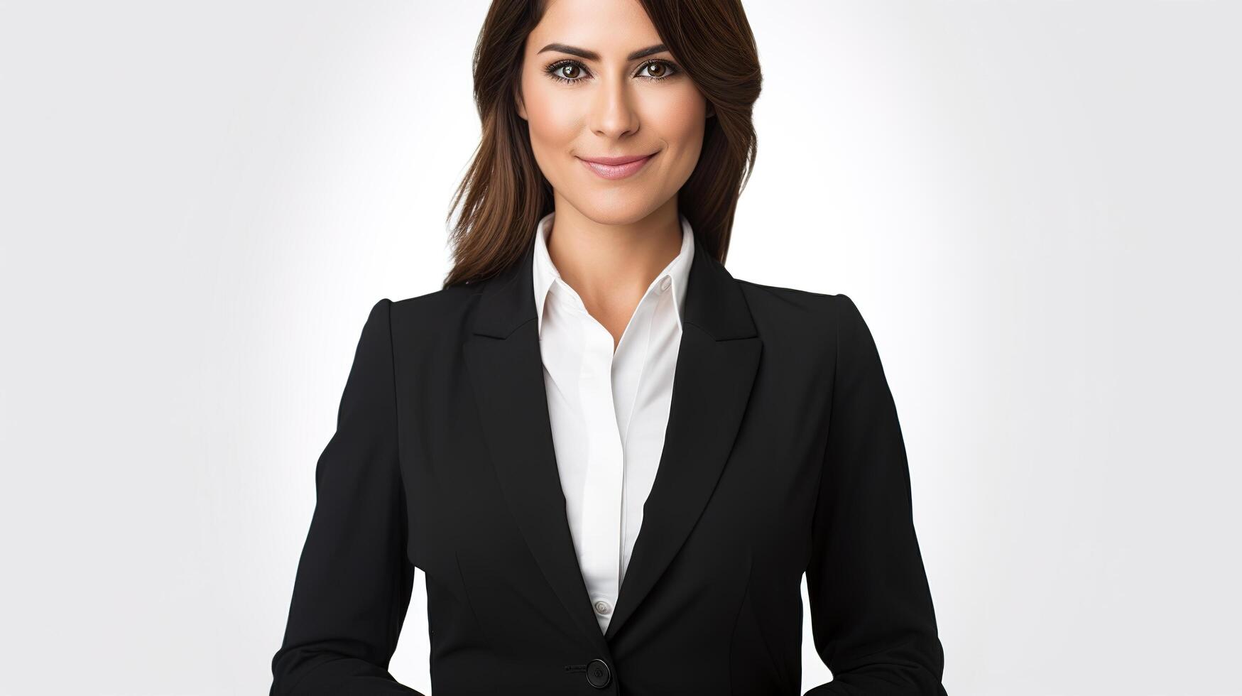 Business woman in black suit holding a clipboard photo