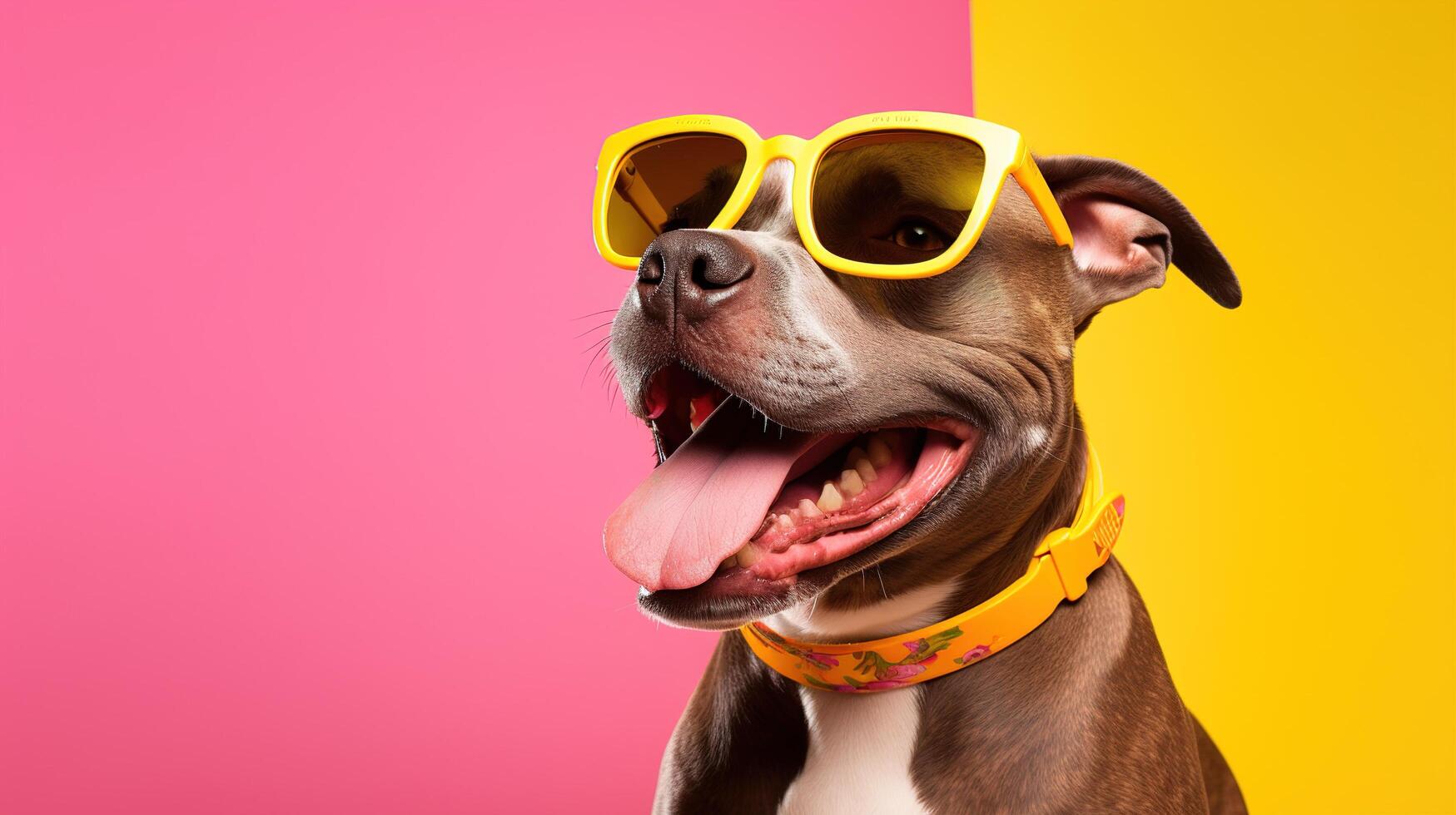 A dog wearing sunglasses on a colorful background photo