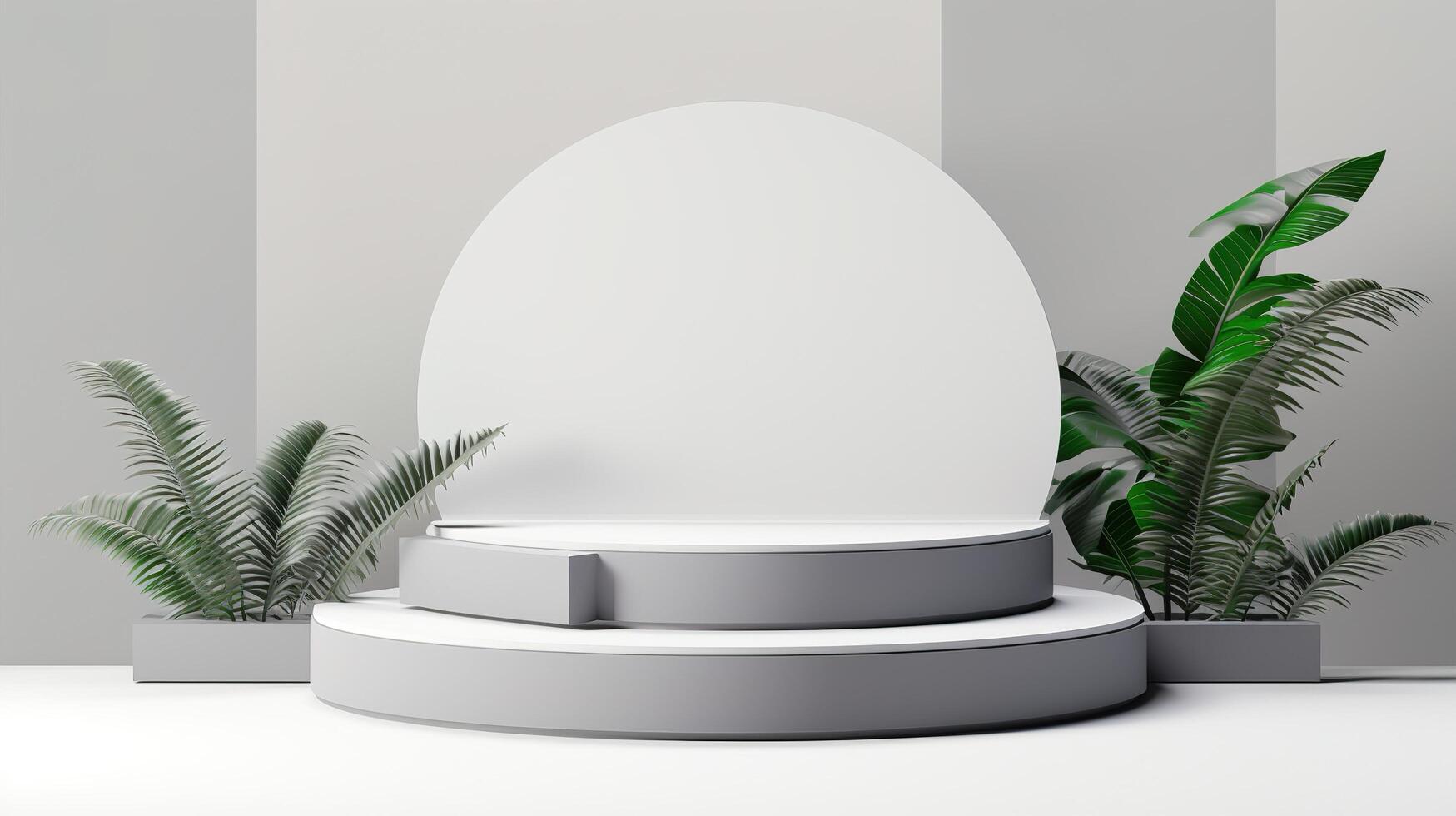 A white podium with plants in front of it photo