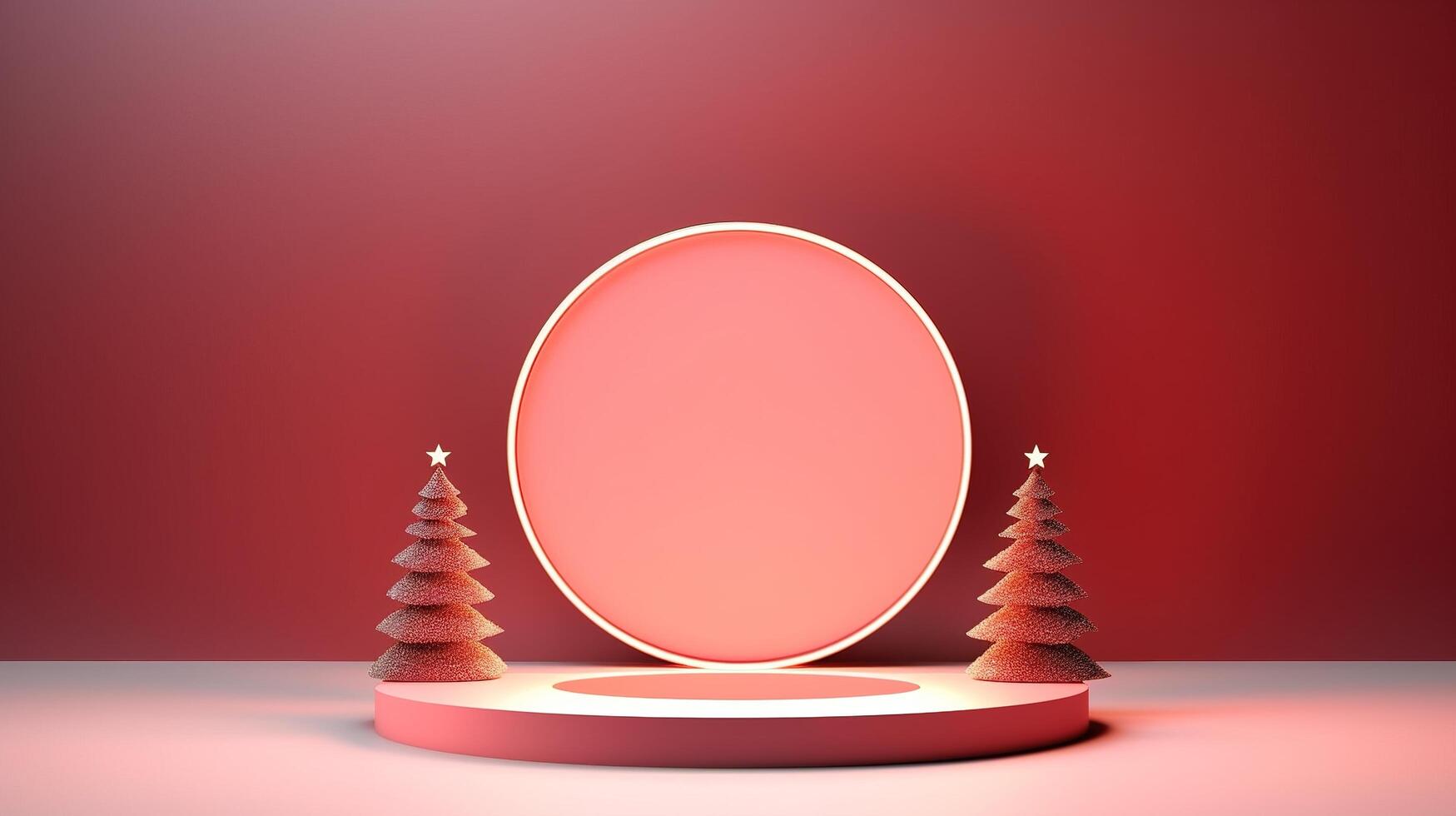3d render of a christmas tree and a round mirror on a red background photo