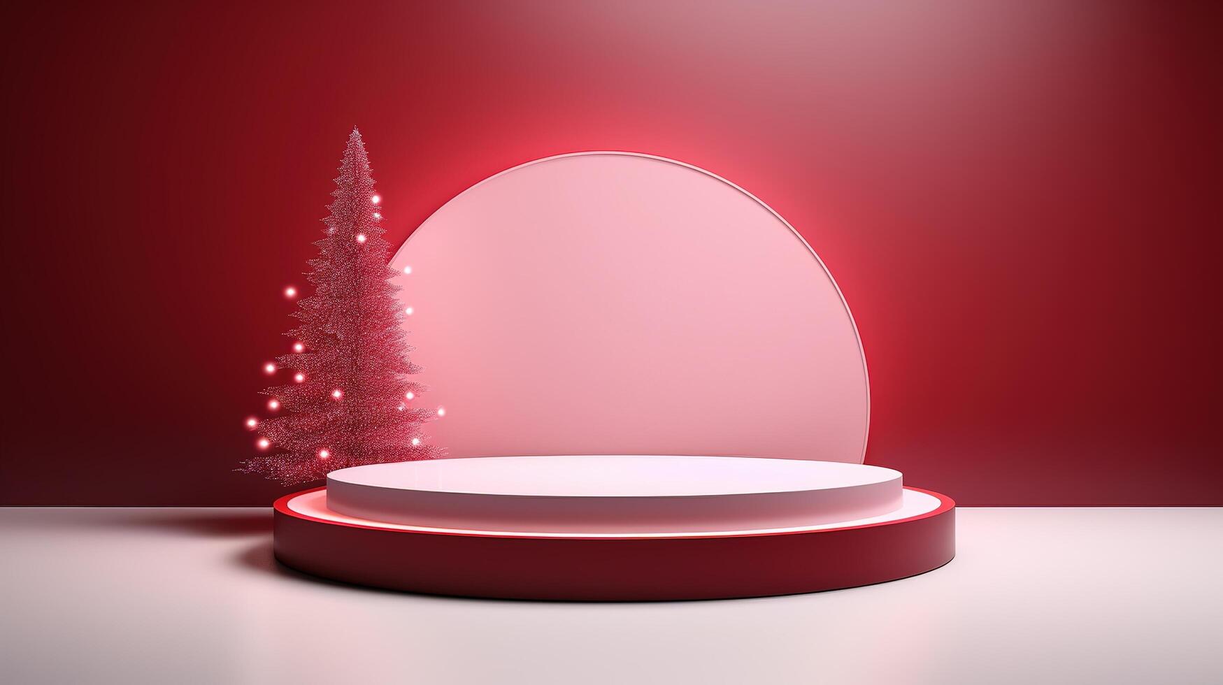 Christmas tree and empty podium with red background 3d rendering photo