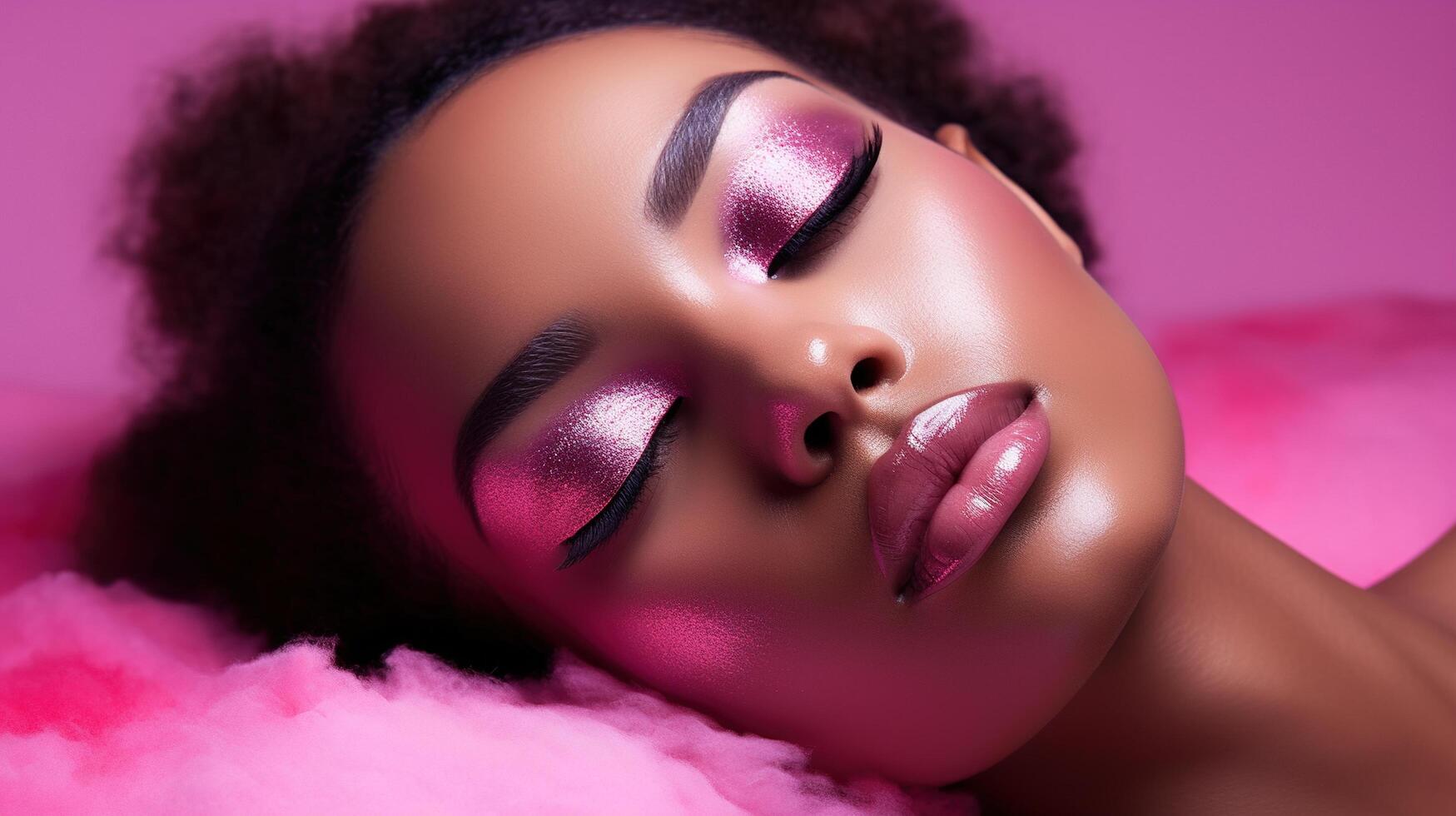 Beautiful african woman with pink makeup and pink fur photo