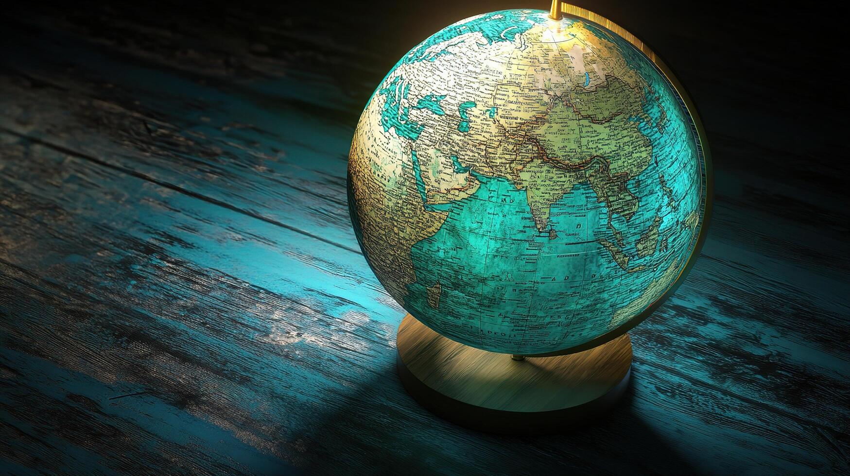 A globe on a wooden table with a light shining on it photo