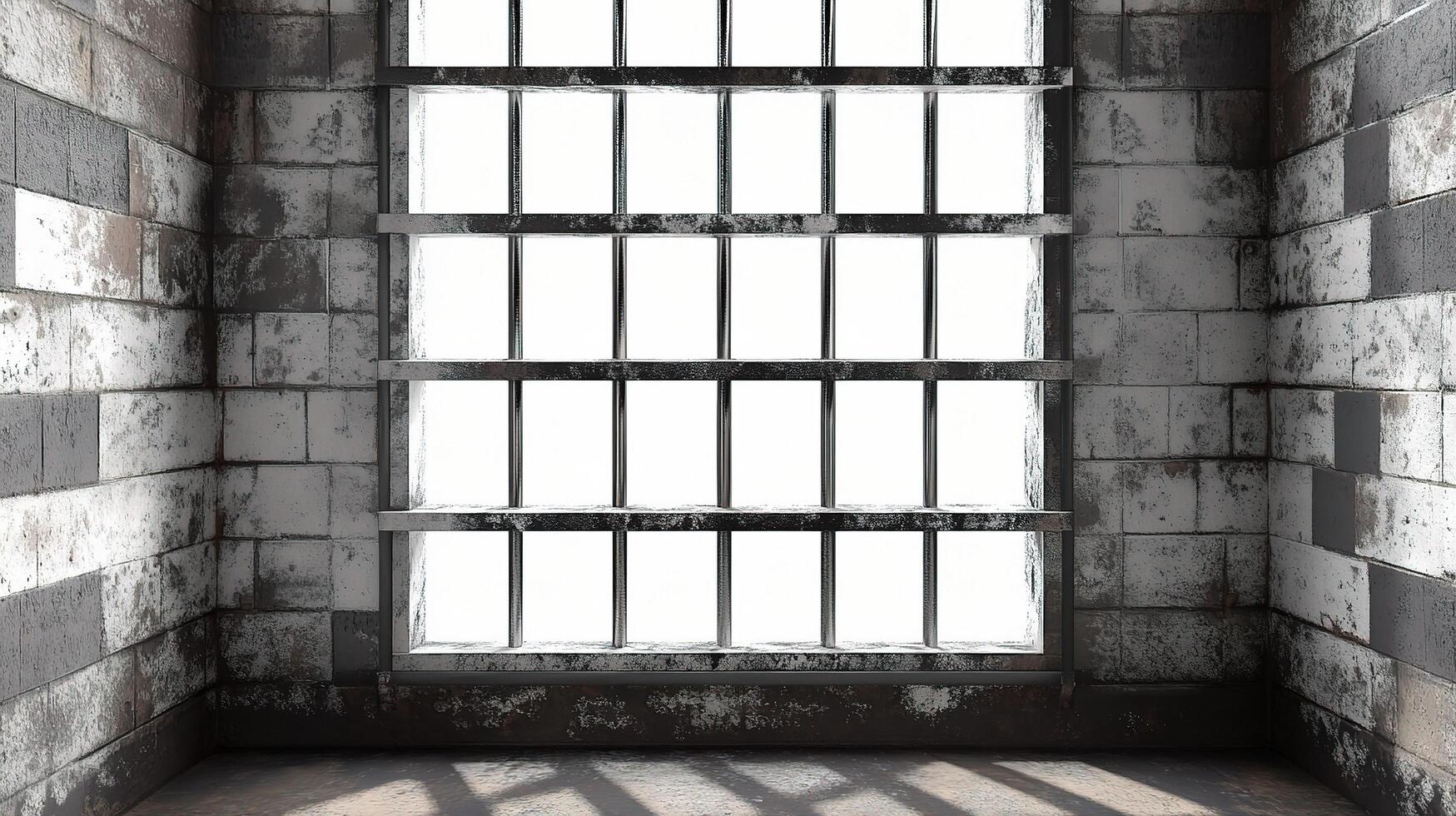An empty prison cell with a window and bars photo