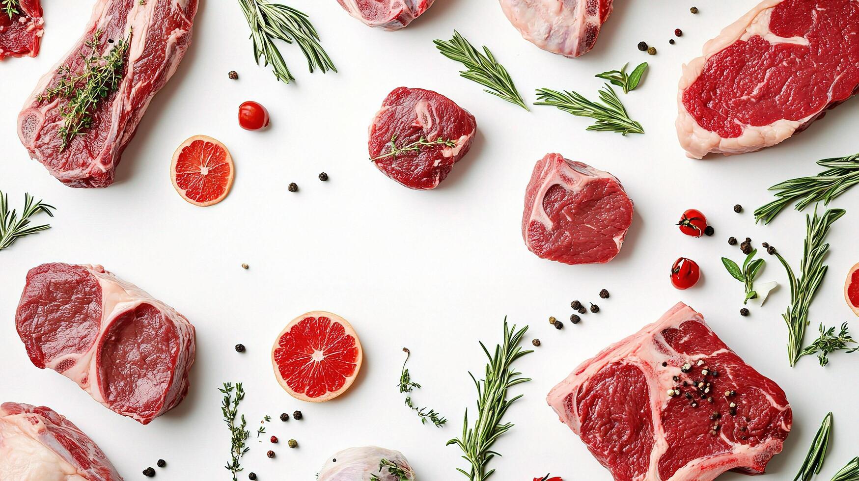 Meat and vegetables arranged on a white surface photo