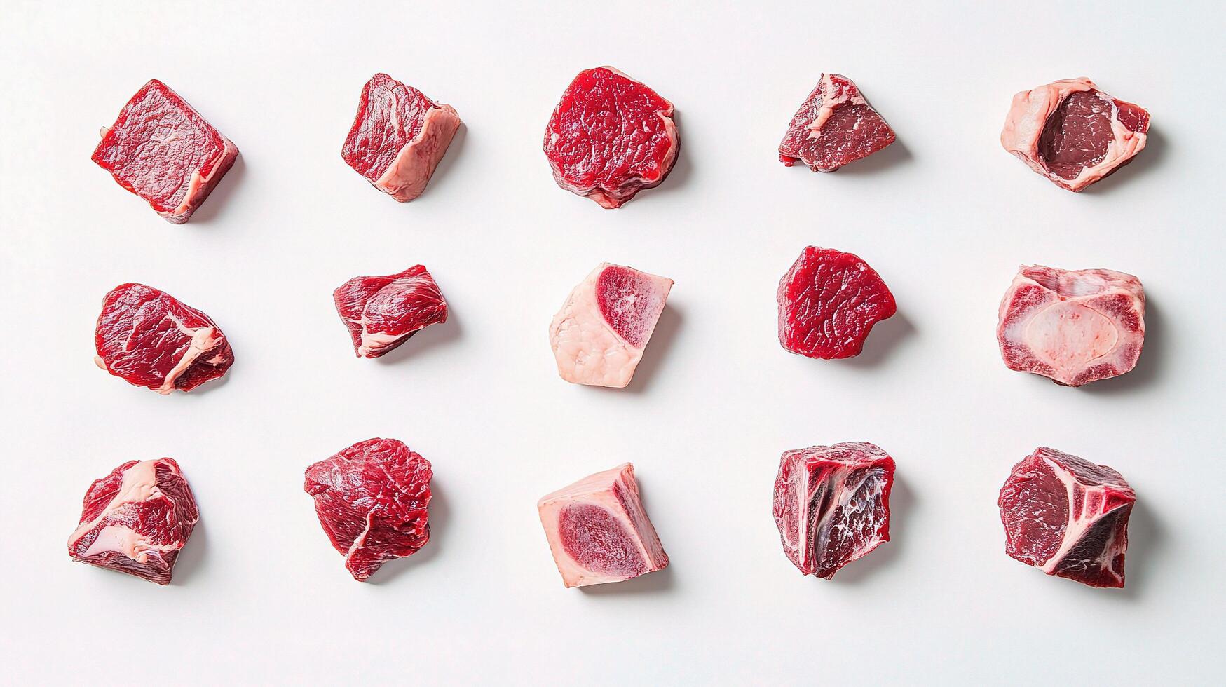 A variety of raw meat pieces arranged on a white surface photo