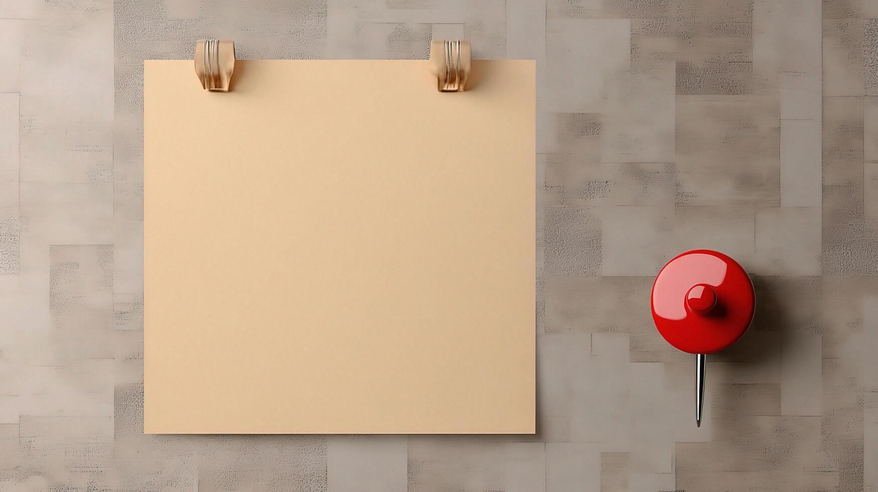 A red button and a piece of paper on a wall photo