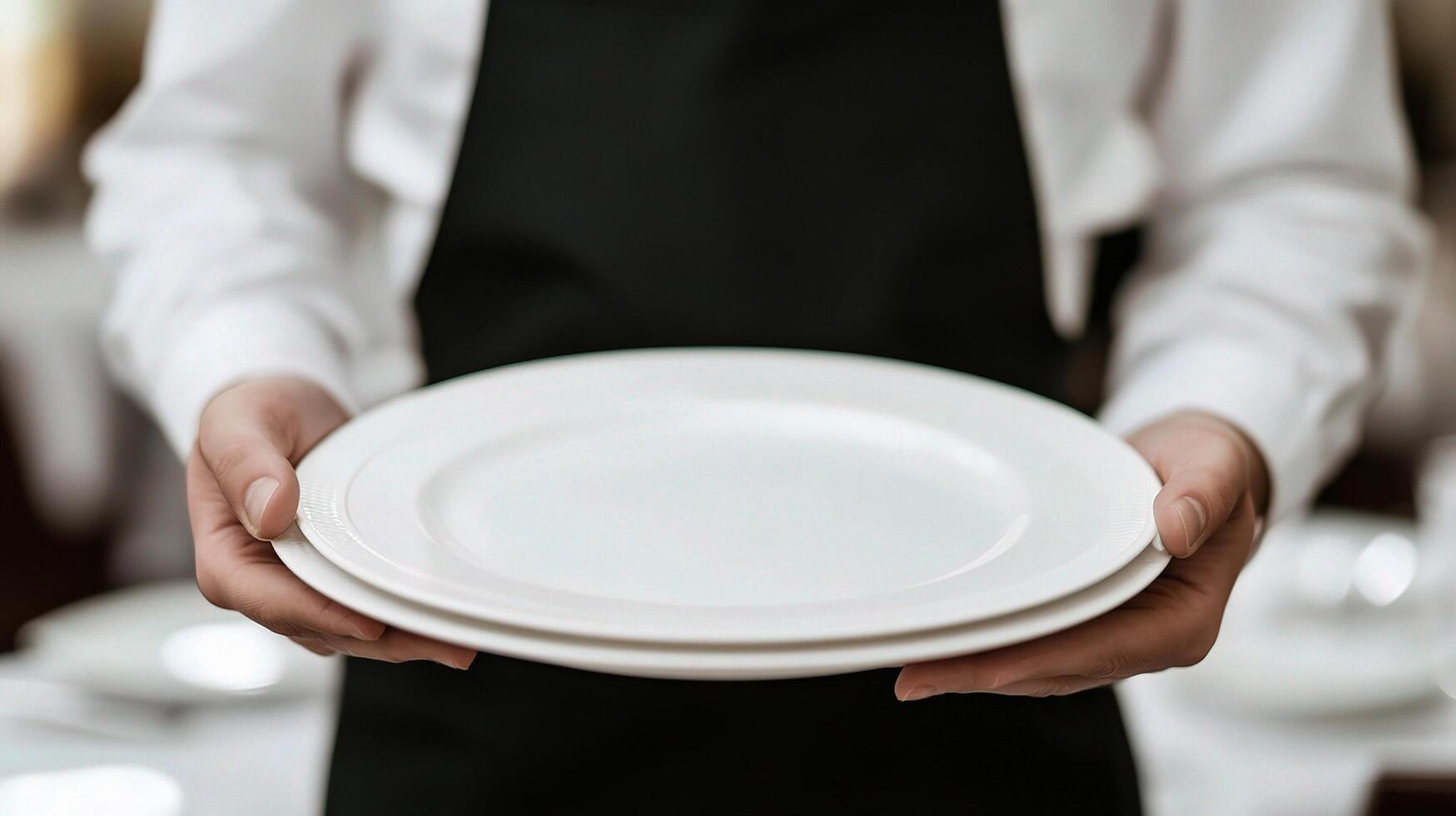 A waiter holding two empty plates in front of a table photo