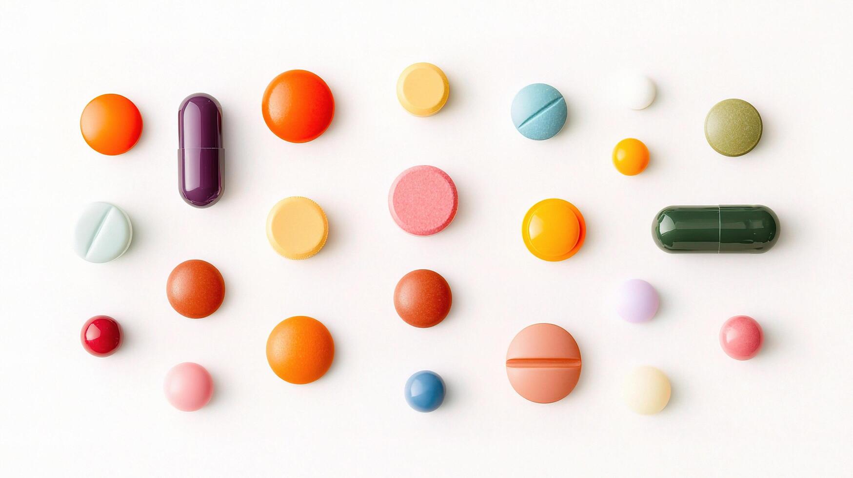 A group of colorful pills arranged on a white surface photo