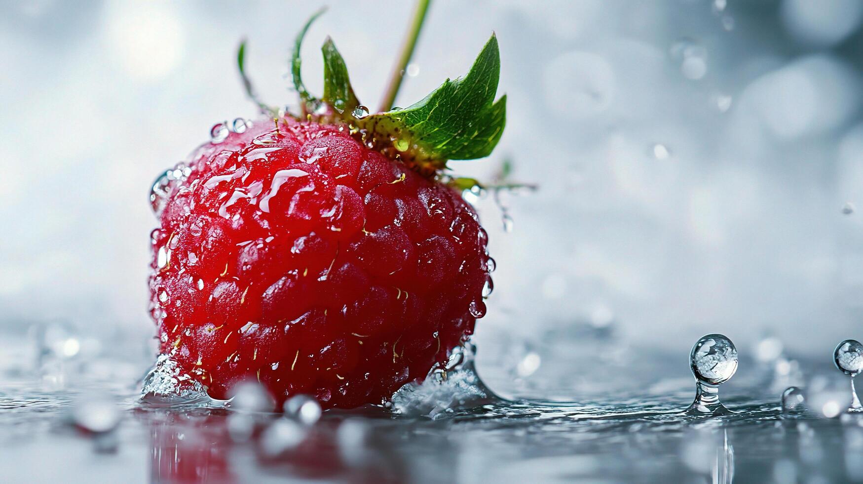 A raspberry is covered in water drops photo
