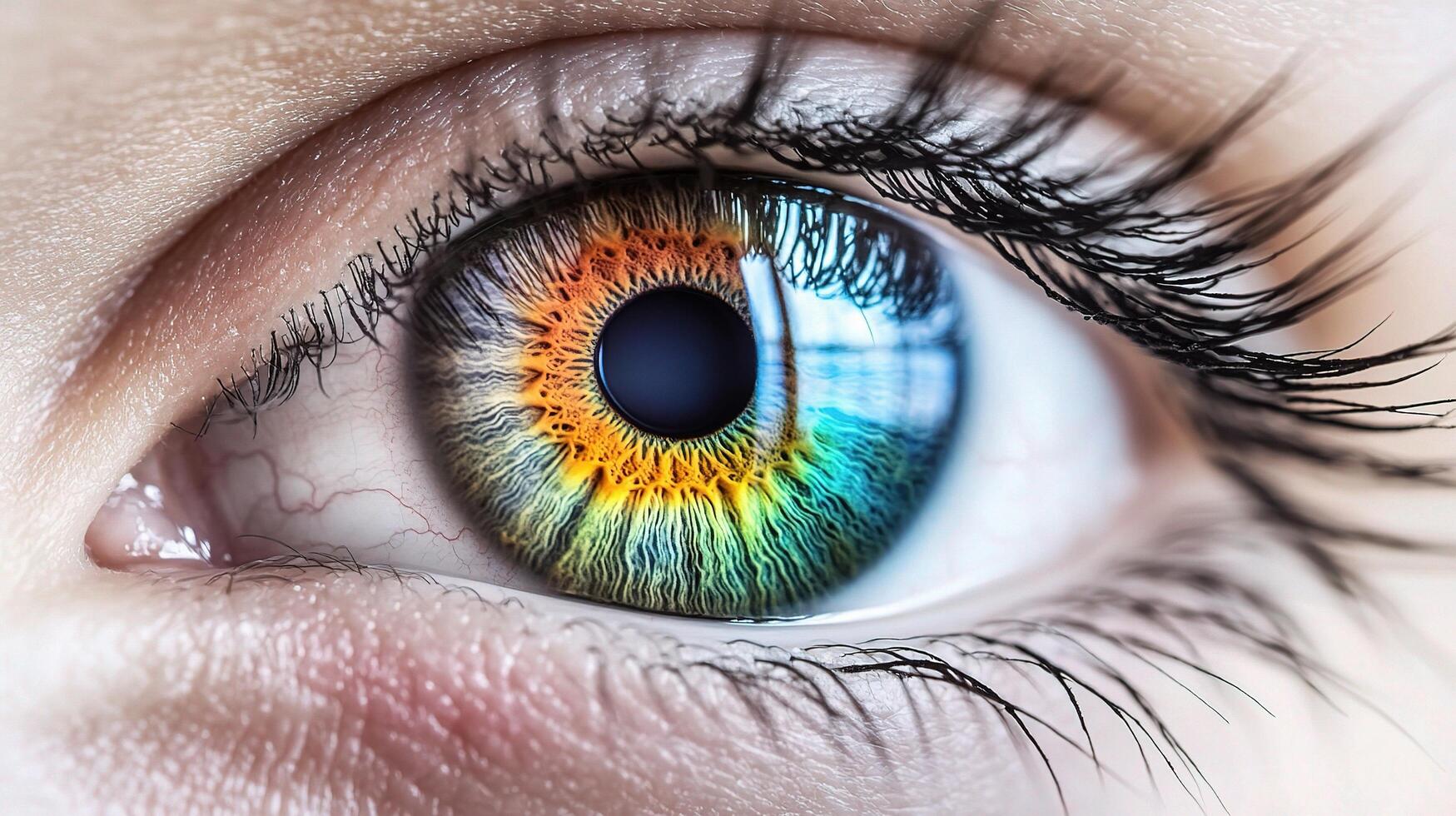 A close up of a person's eye with a colorful iris photo