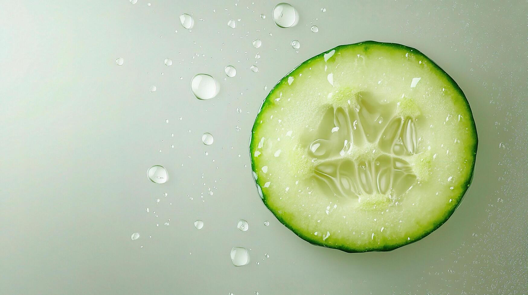 A slice of cucumber is shown with water droplets photo