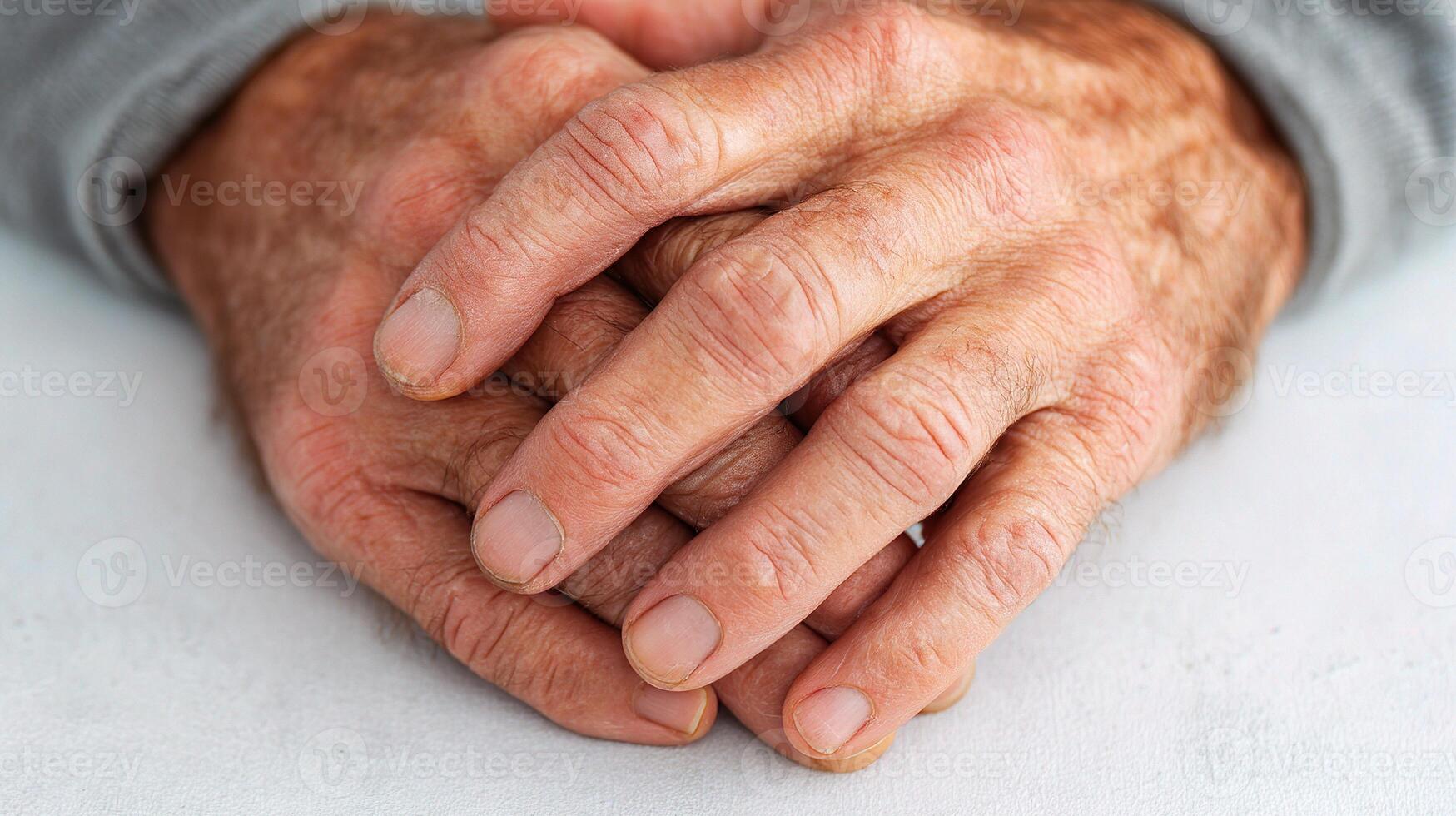 An elderly man's hands are resting on his chest photo