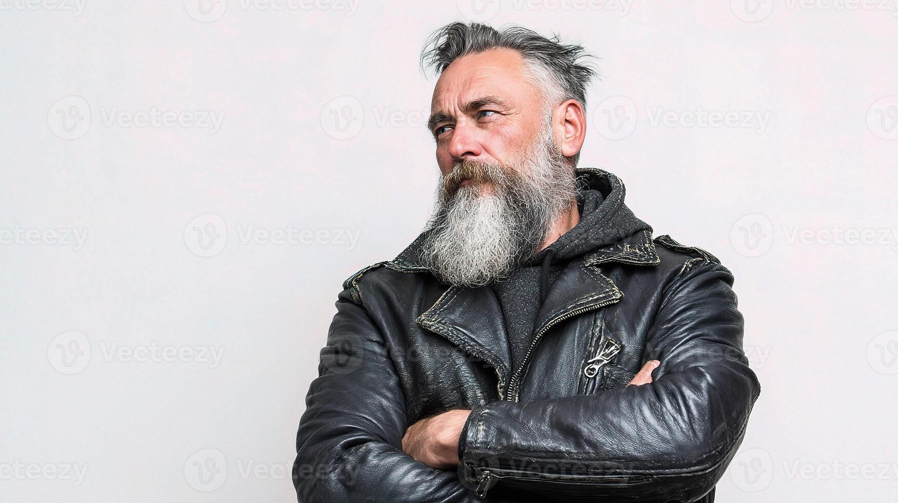 A man with a beard and a leather jacket photo