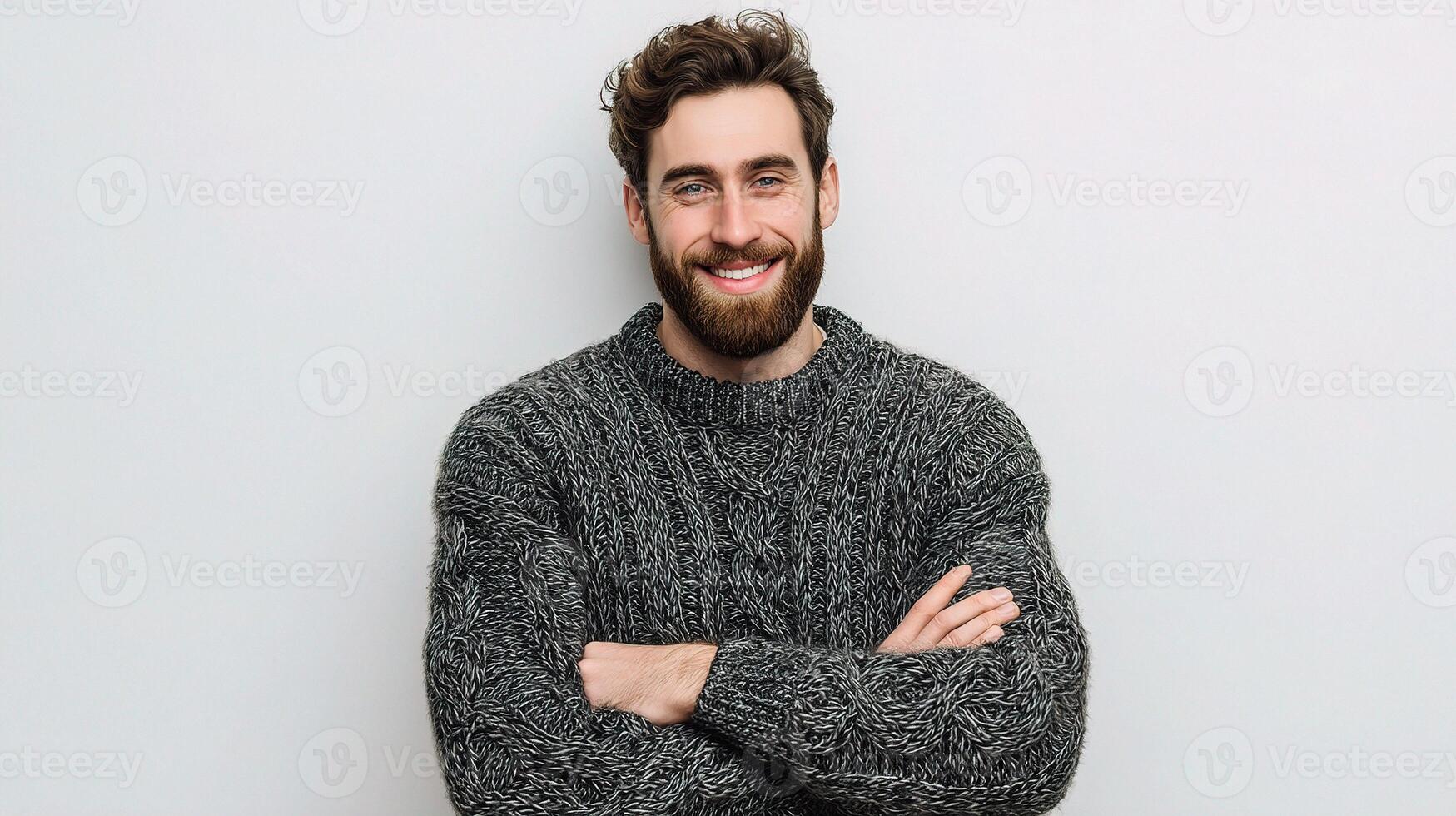 A man with a beard and sweater is smiling photo