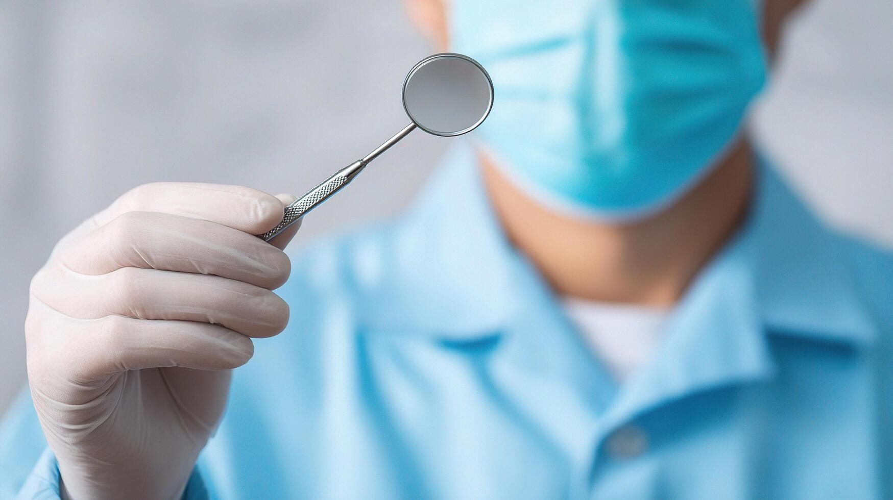 A person in a blue coat and mask is holding a mirror photo