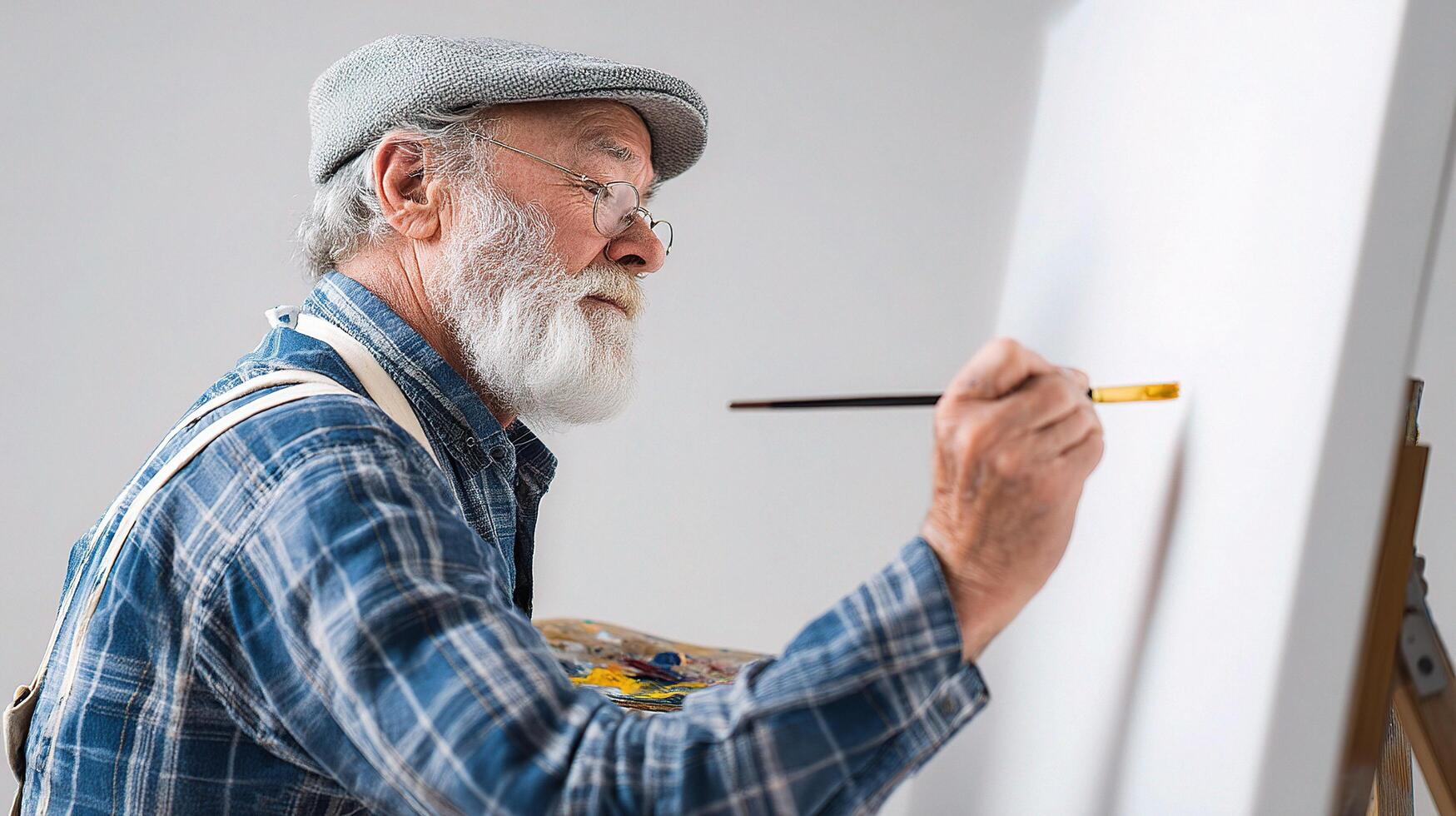 An old man with a beard and glasses is painting on a white canvas photo