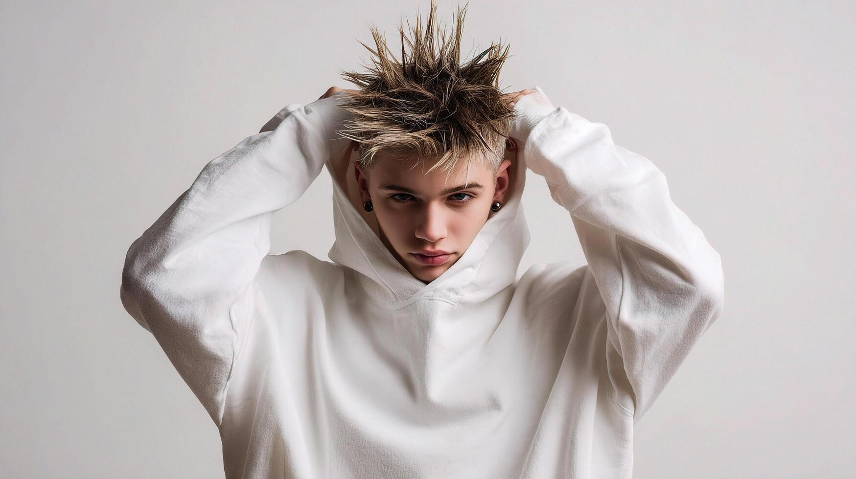A man with a white hoodie on his head photo