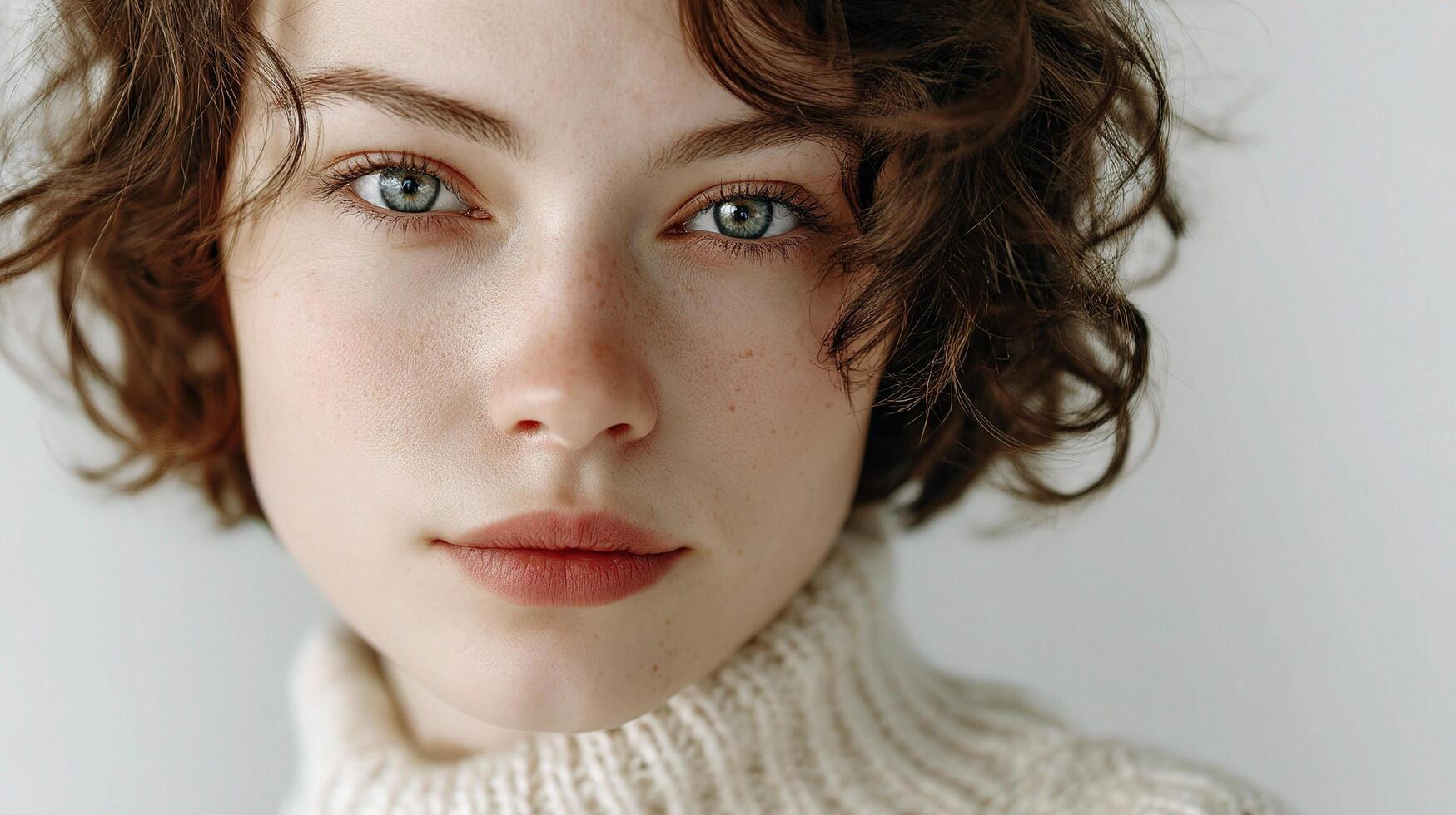 A woman with curly hair and blue eyes photo