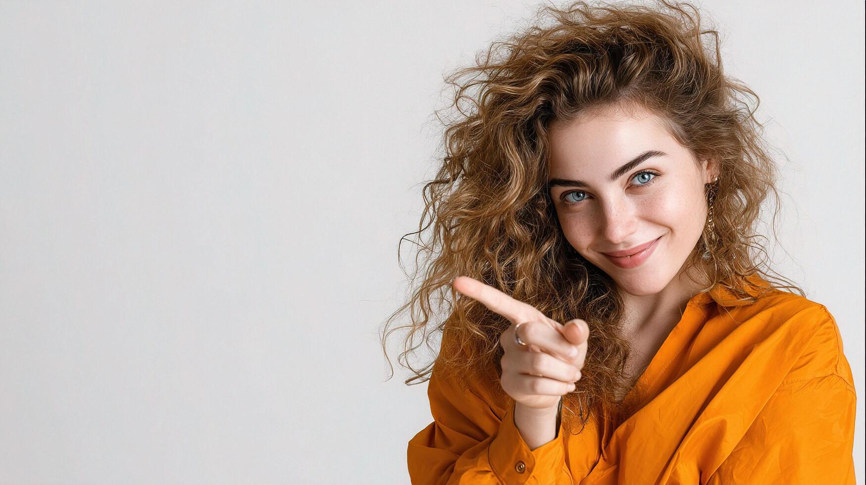 A woman with curly hair pointing at the camera photo