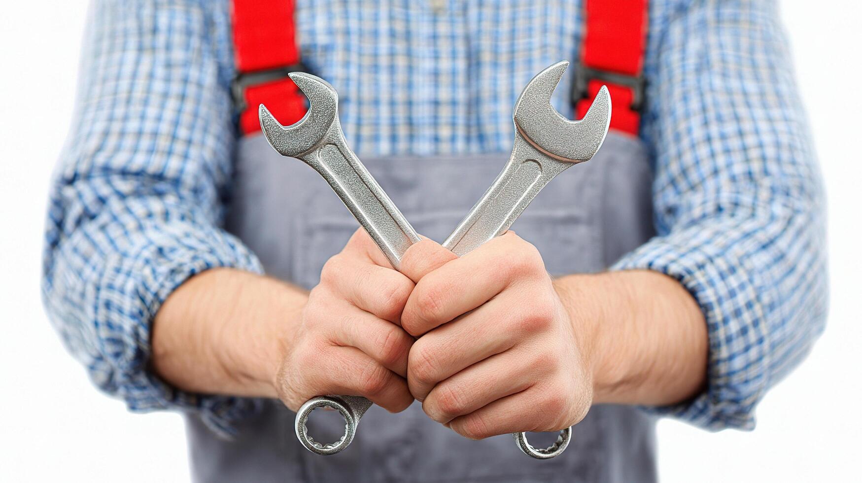 A man holding two wrenches in his hands photo