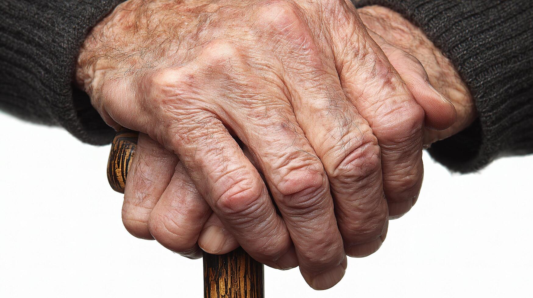 An elderly person's hands holding a walking stick photo