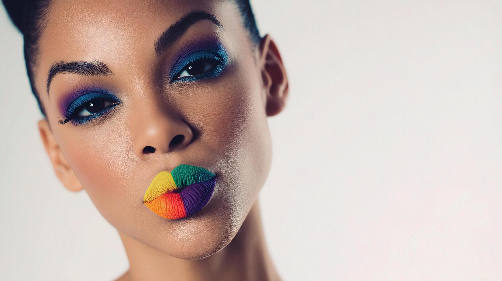 A woman with colorful makeup and rainbow lips photo
