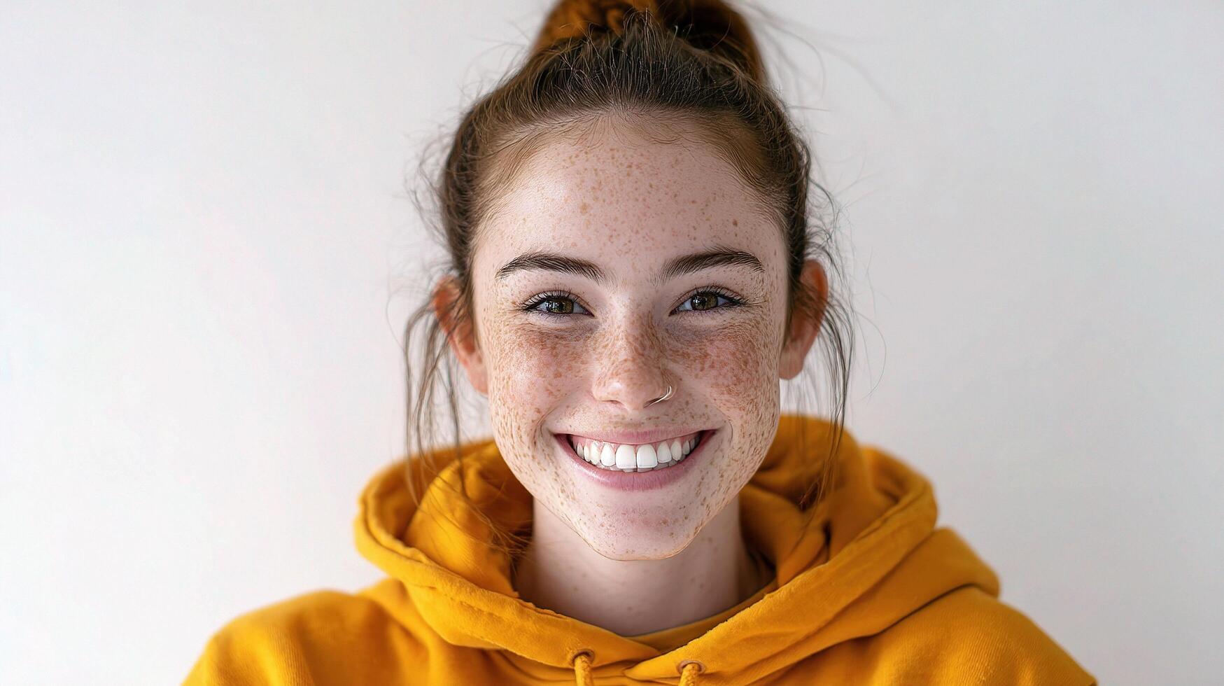 A girl with freckles smiles in a yellow hoodie photo