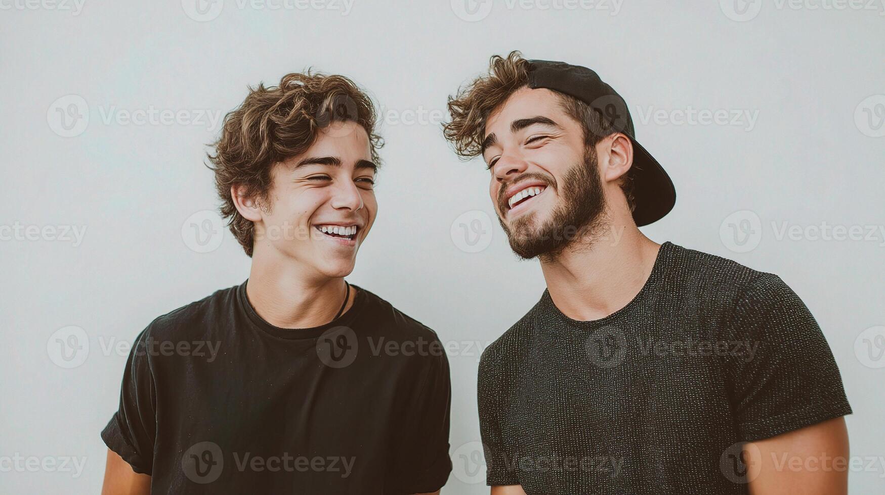 Two young men smiling and laughing together photo